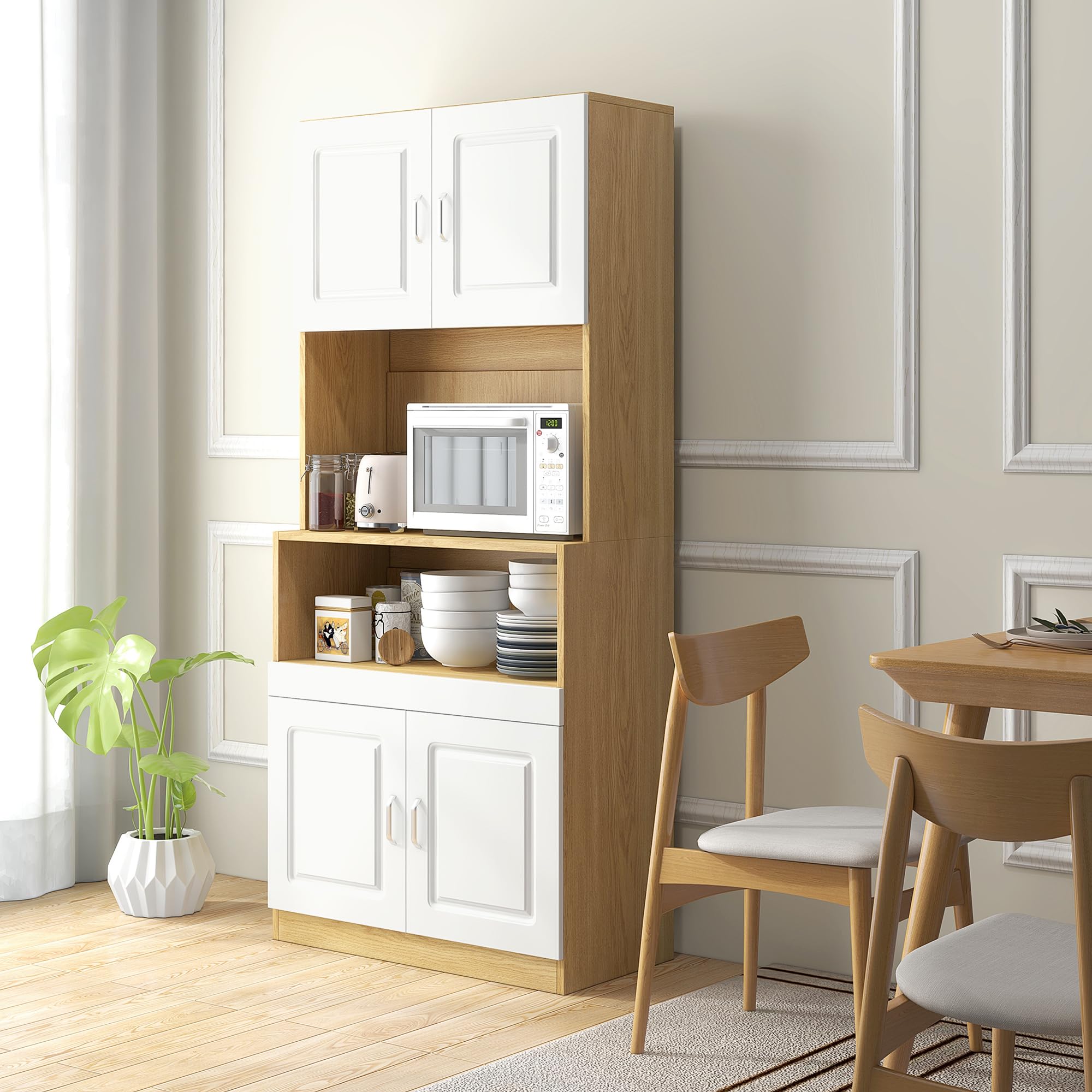 HOMCOM Mobile Dispensa Alto in Truciolato Bianco e color Legno a 4 Ante con Armadietti e Ripiano Aperto, per Cucina e Soggiorno, 80x40x180 cm