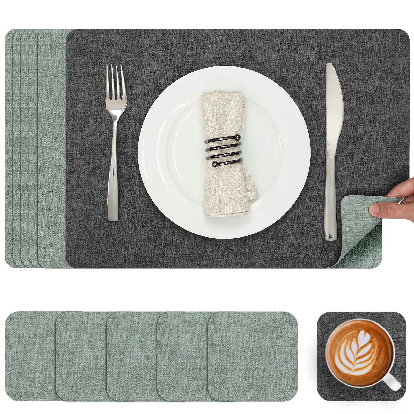 Myir JUN Placemats and Coasters Set of 6, Place Mats Dual Sided Faux Leather Table Mats PU Indoor Outdoor Heat Resistant Placemat Square Non Slip Wipeable Washable Dining Restaurant (Gray Sage Green) — image 1