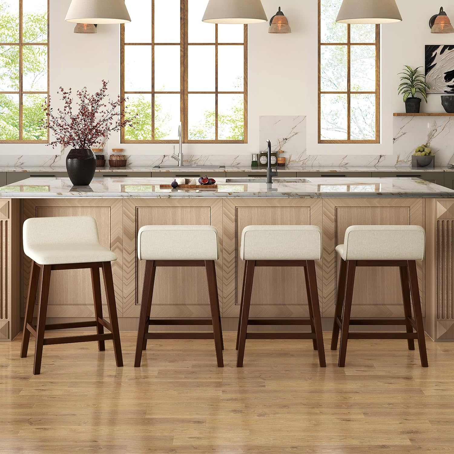 COSTWAY Wooden Counter Stools Set of 2, 24-inch Height Upholstered Padded Seat, Low Backrest, Footrest, Rubber Wood Legs, Armless Barstools for Kitchen Island, Dining Room, Brown+Beige