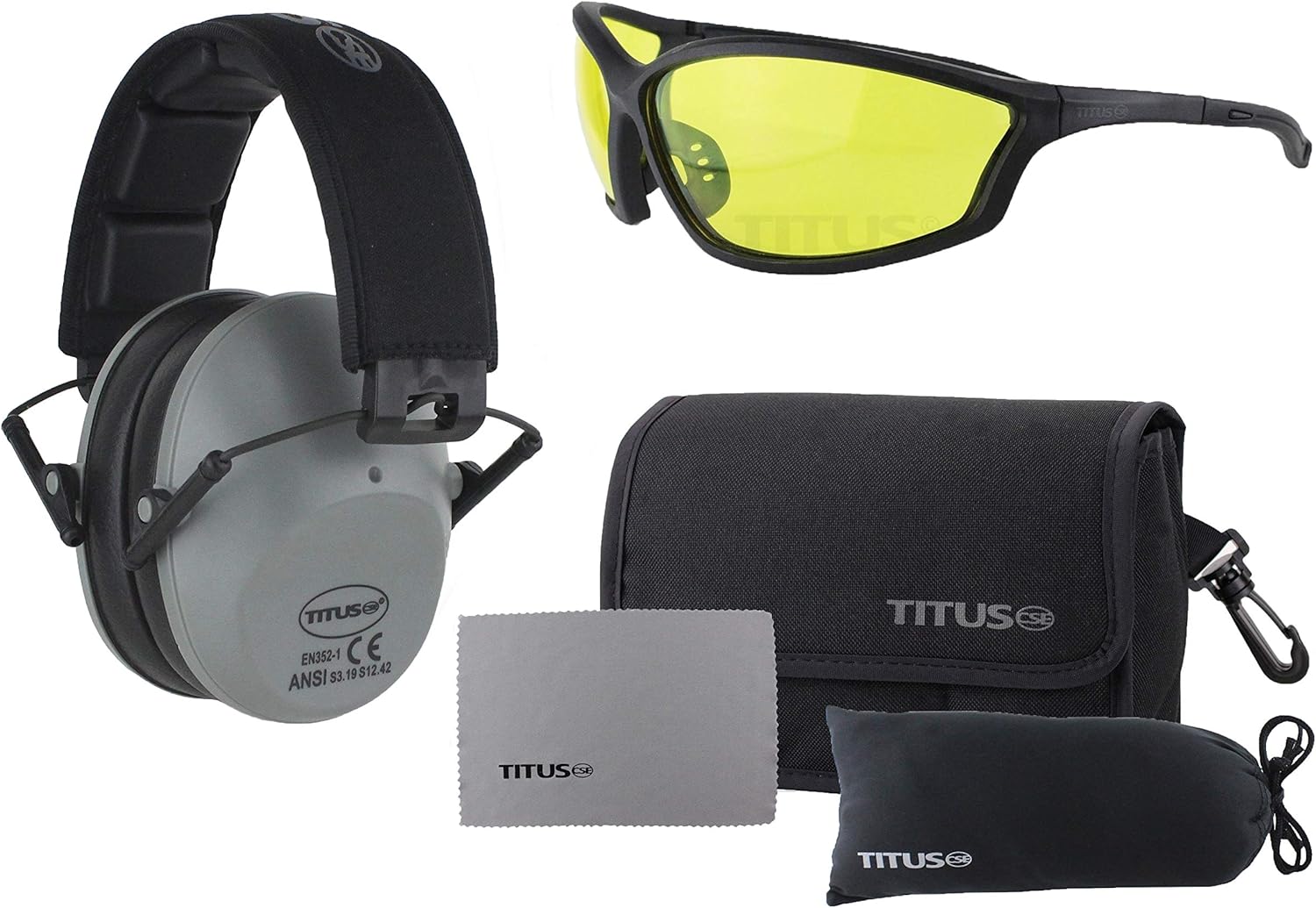 Titus 2 Series - 34 NRR Slim-Line Hearing Protection & G26 Competition Z87.1 Safety Glasses Combos (Grey, Yellow)