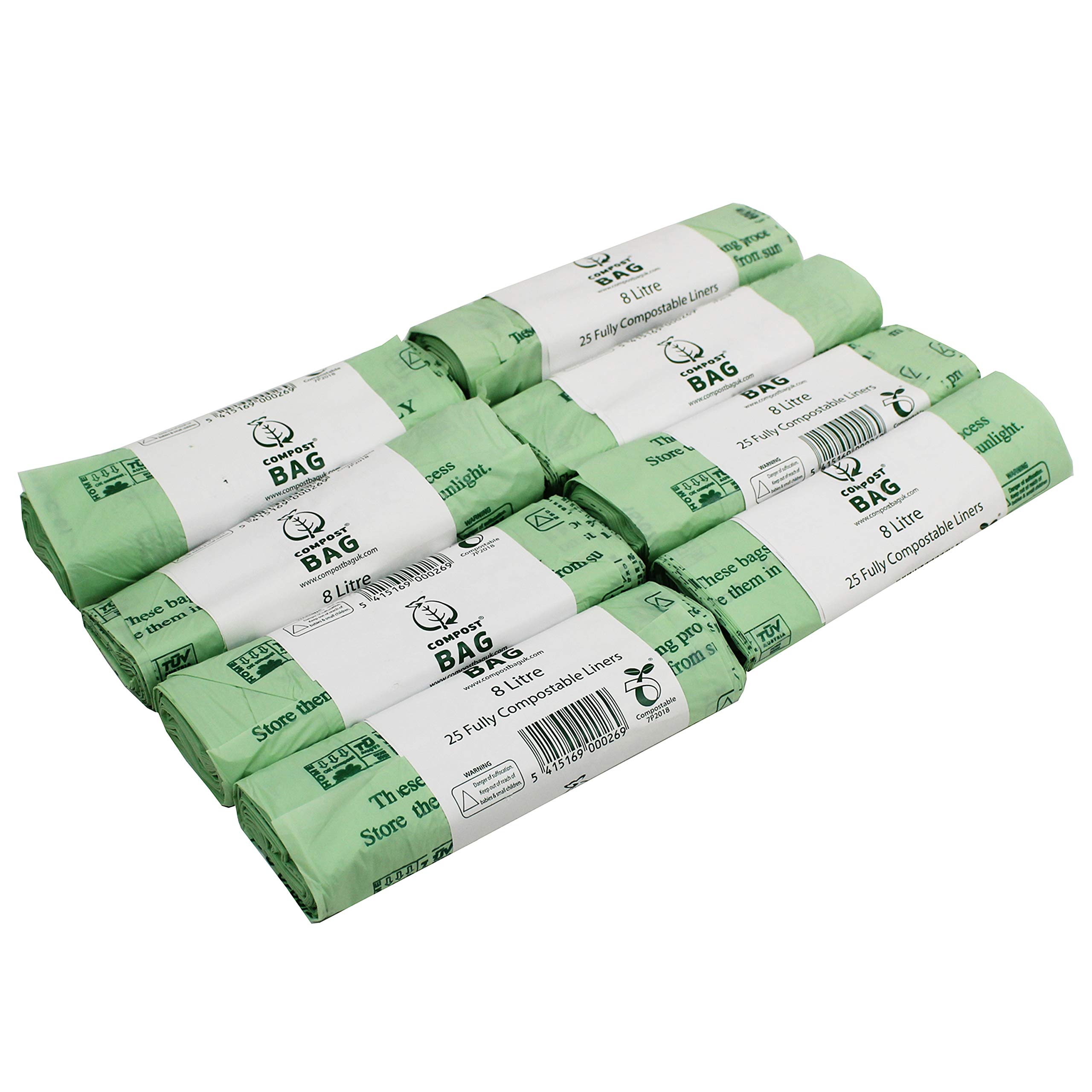 All-Green Green 8 Litre X 200 Bags - Compostable Kitchen Caddy Liner - Food Waste Bin Liners - En 13432-8L Bags With Composting Guide