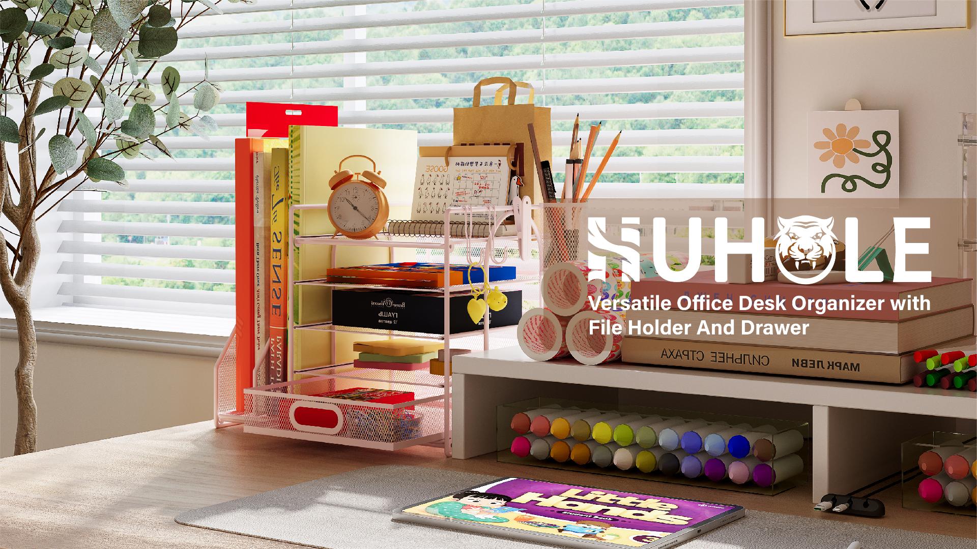 ideallife Bac à courrier à 5 niveaux, plateau de classement en bois pour bureau, organiseur de bureau A4 avec porte-stylo, porte-documents