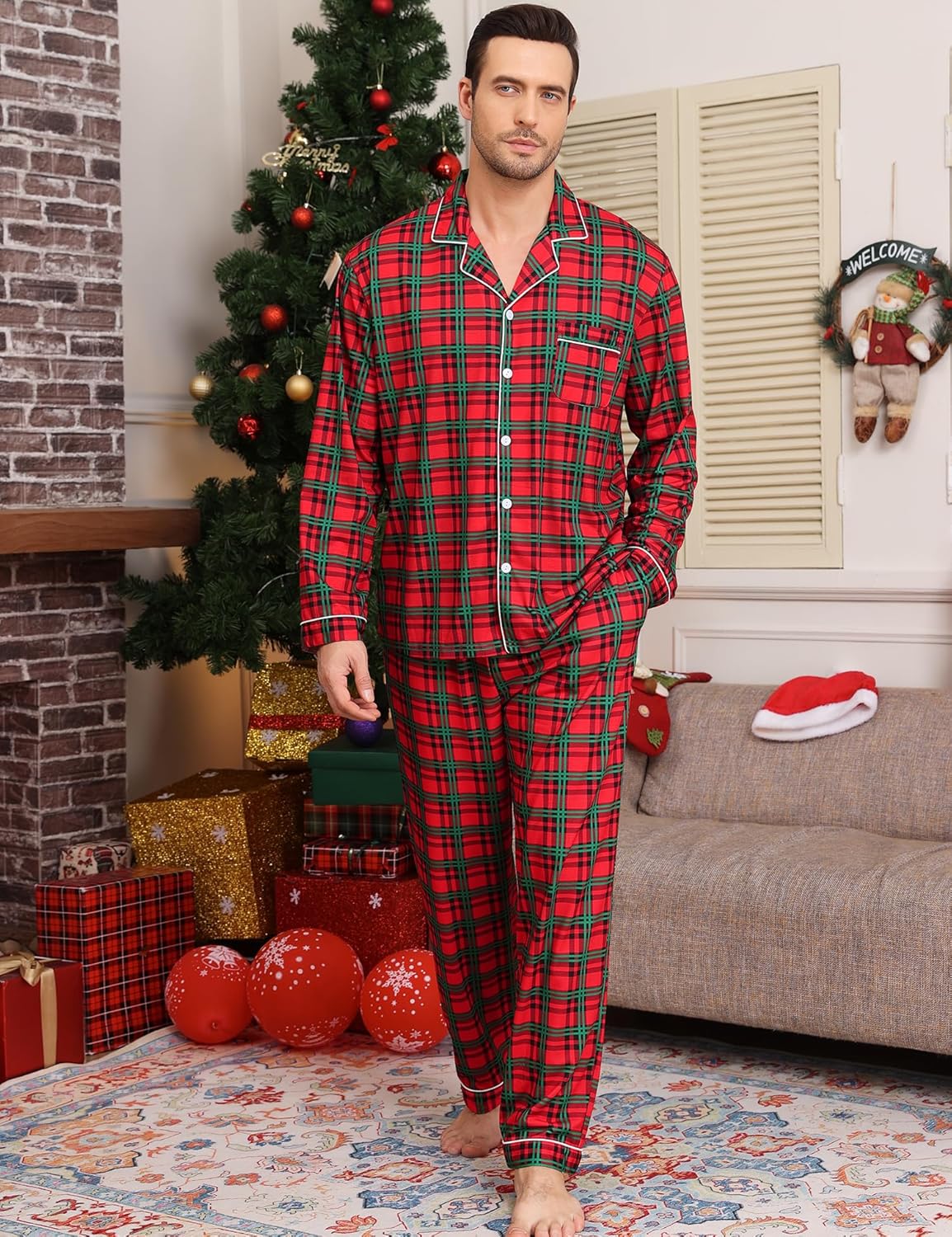 SWOMOG Mens Christmas Pajamas Sets Long Sleeve Button Down Pjs Mens Sleepwear Soft 2 Pcs Loungewear Nightwear with Pockets - Image 3