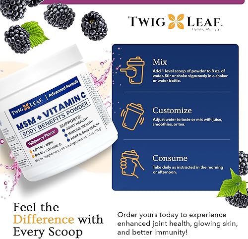 Miniatura 4 de Twig & Leaf MSM + Vitamina C Polvo MSM Polvo para el crecimiento del cabello, uñas y apoyo articular Sin OMG, sin gluten 30 porciones 7.9 oz