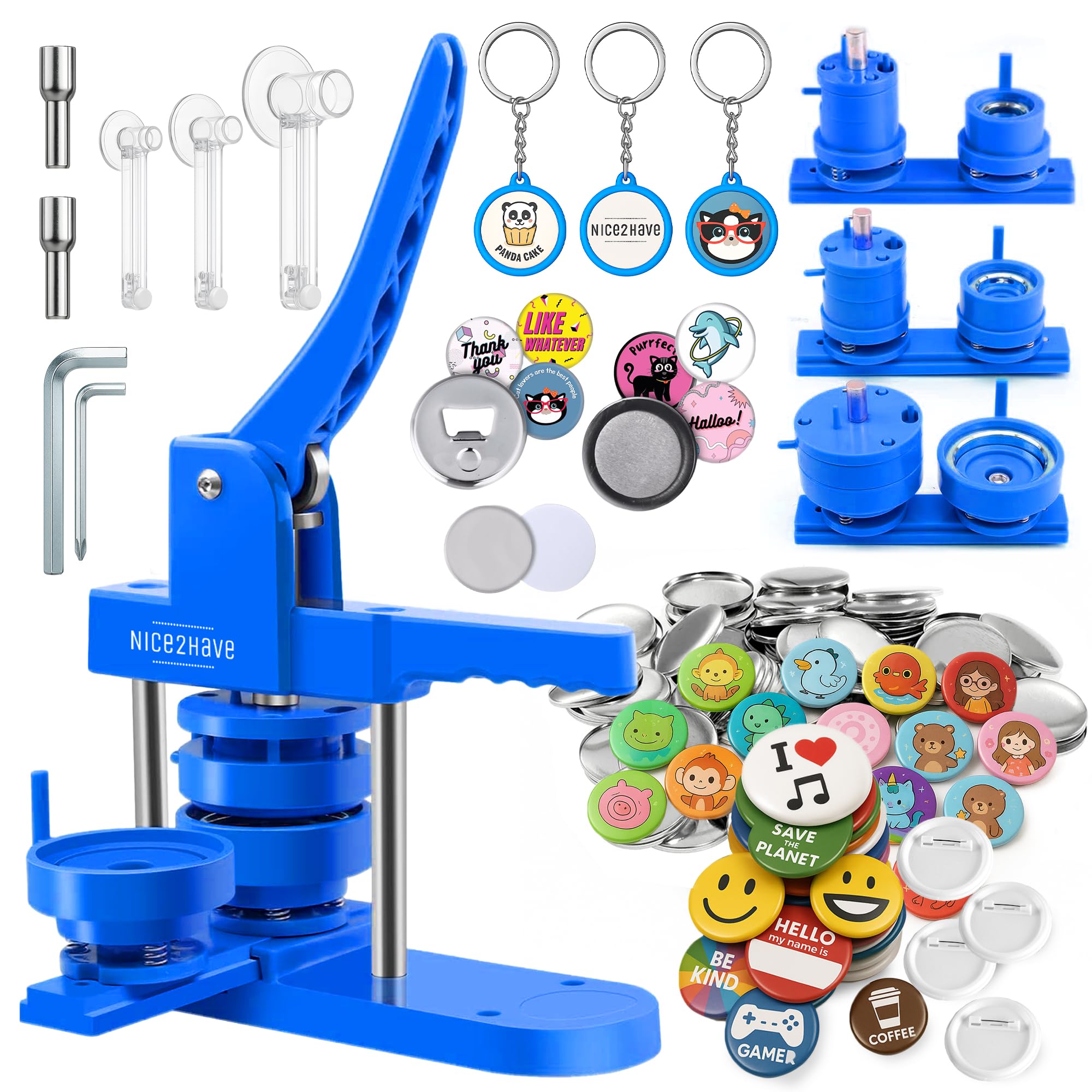Button Maker Machine Multiple Sizes 1+1.25+2.25in (500 Buttons,15 Bottle Openers,15 Fridge Magnets,15 Keychain Buttons, 500+ Designs,3 Cutters) - Pin Maker Machine