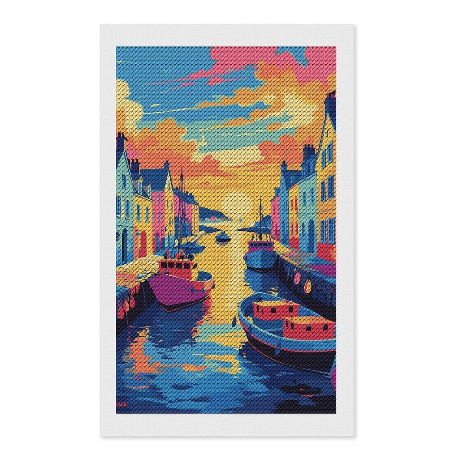 Junmoney Colorful Harbor Scene Painting DIY Diamond Art Canvas Kit 12"x20", Decorate Your Room, Sparkling Round Gems, Fun Craft Experience, Farmhouse Decor