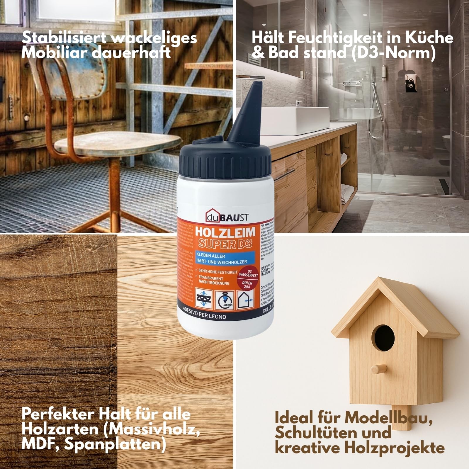 6x dubaust WOD24 Schnelltrocknender D3 Holzleim, wasserfest, für Hartholz und Weichholz, weiss - nach dem Aushärten transparent 500g Flasche