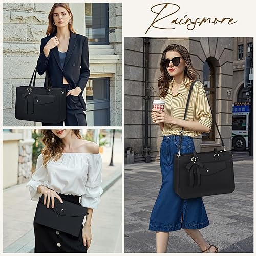 Miniatura 6 de RAINSMORE Bolsa para laptop para mujer, bolsa de trabajo de 15.6 pulgadas, bolsa de cuero para laptop, bolsa impermeable para computadora, maletín