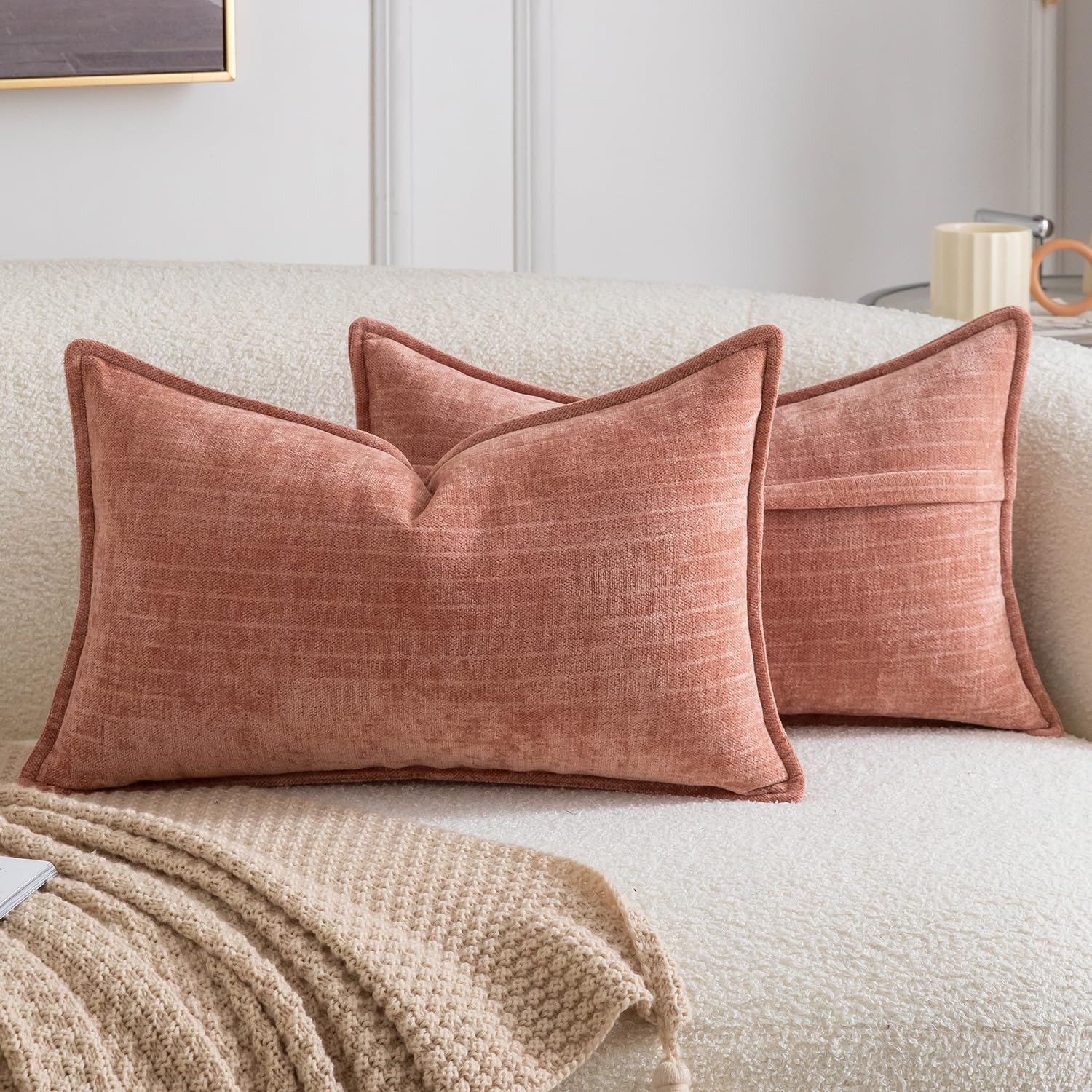 Madizz Pack of 2 Decorative Striped Cushion Covers Vintage Boho Soft Chenille Throw Pillows Luxurious Pillow Cases for Couch Sofa Bedroom Living Room 30x50 CM, Coral
