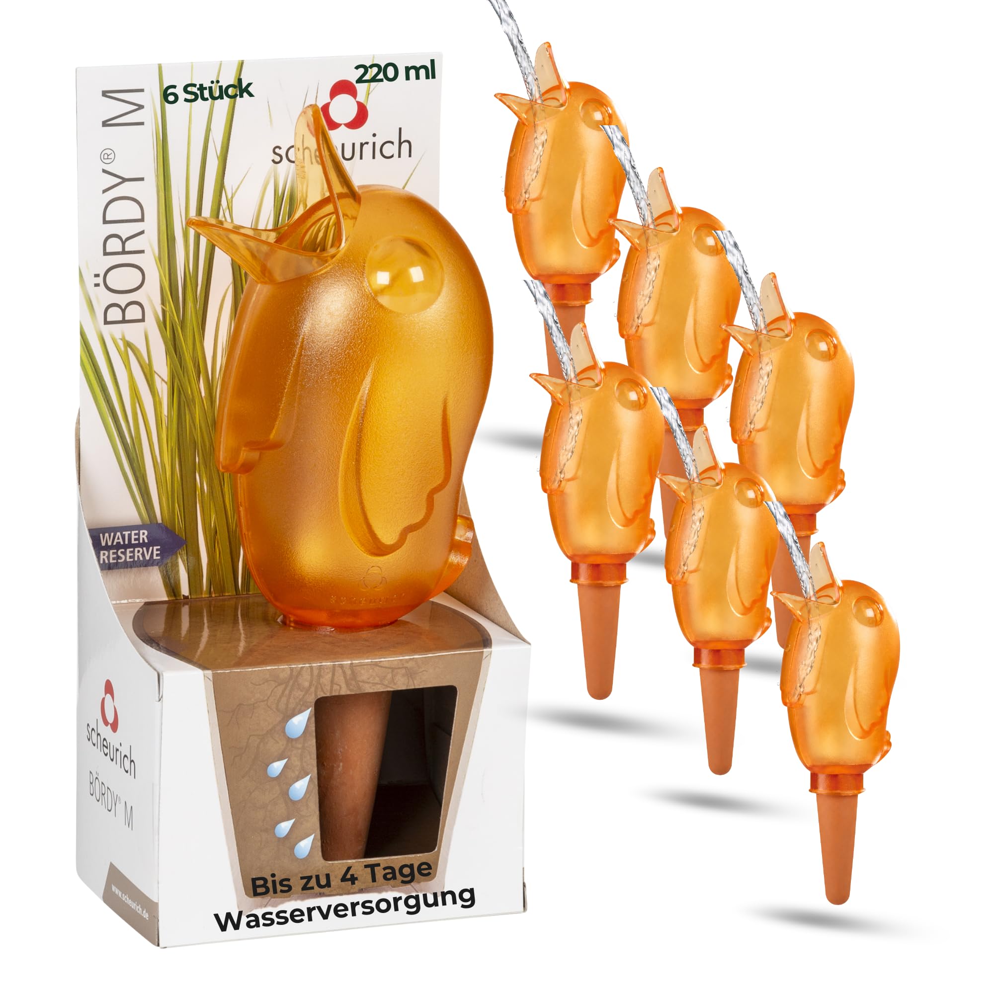 Scheurich Dozownik wody Bördy M | 6 x pomarańczowy | pojemność 220 ml | mała kulka nawadniająca z glinką | dozownik wody do roślin pokojowych i kwiatów, trzonek z terakoty