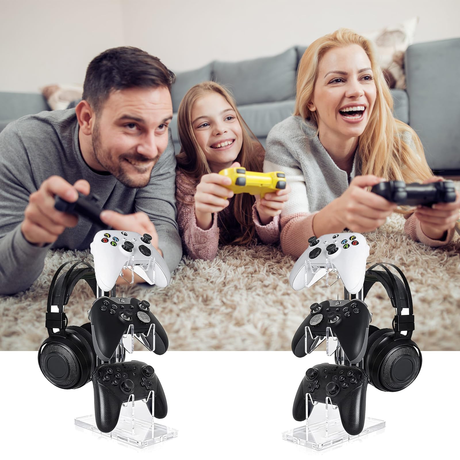 Supporto universale doppio per Xbox Series X PS4 PS5 Switch Joy Con, Supporto Trasparente in Acrilico per Cuffie e Controller, Organizzatore per Controller per 3 Gamepad (3 Tier Clear B)