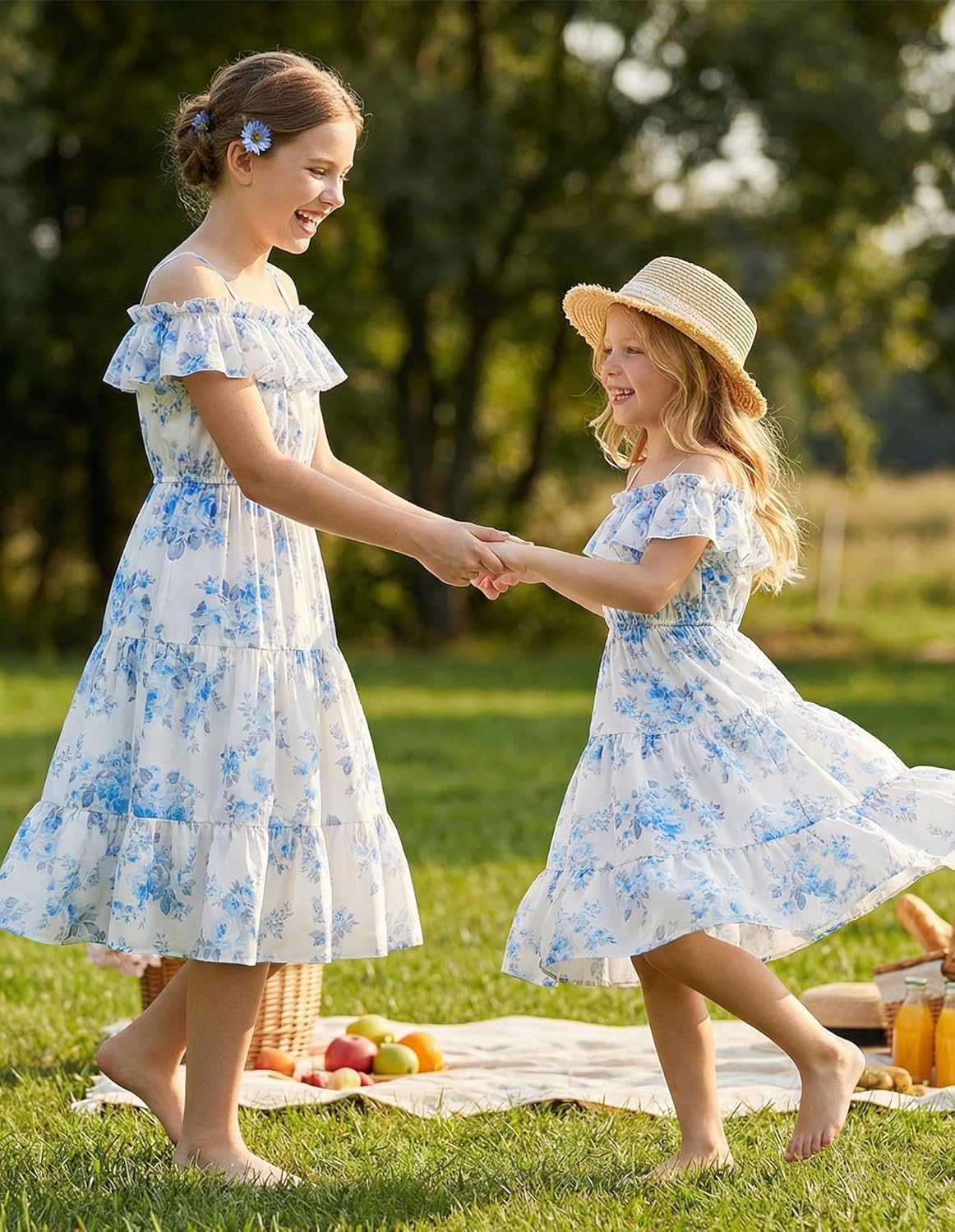 GRACE KARIN Girls Summer Dress Off Shoulder Ruffle Floral Spaghetti Strap Casual Sundress Tiered Midi Dress