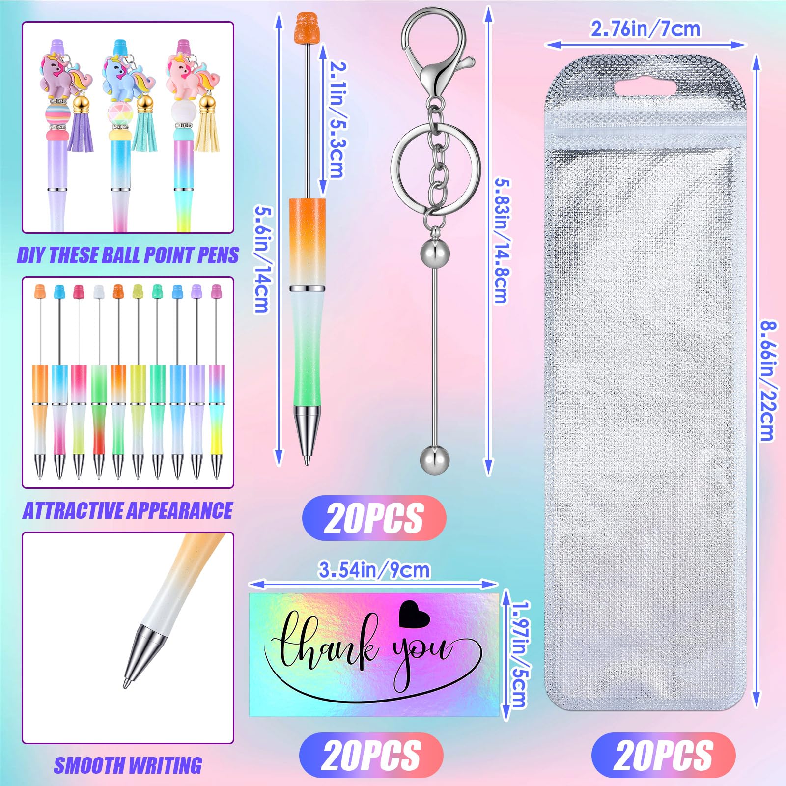 Yeaqee Juego de 80 llaveros con cuentas, bolsa resellable y tarjetas de agradecimiento, kit de fabricación de bolígrafos, regalo para manualidades, bolígrafos de cuentas, boda, graduación, Navidad,