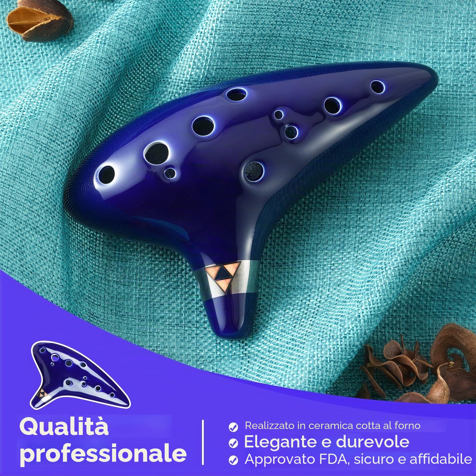 Ohuhu Zelda Ocarina Strumento con cordino da collo e libro canzoni, 12 Foro Ocarina di Ceramica Alto C leggenda di Zelda Ocarina Flute Strumento, espositore a mano e custodia protettiva nera Blu