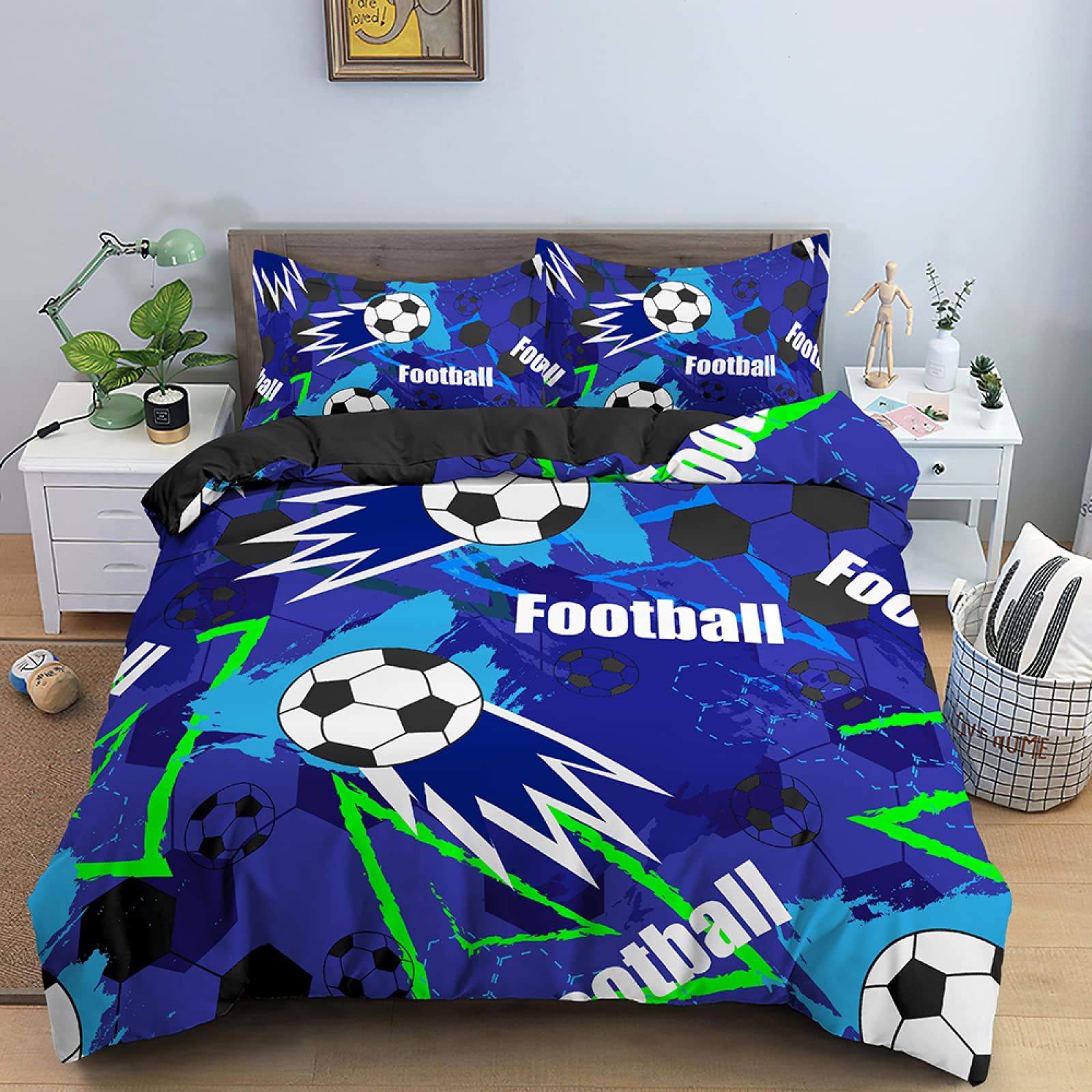 Parure de lit football bleu 220x240 premium en microfibre dense de 110 g pour lit double