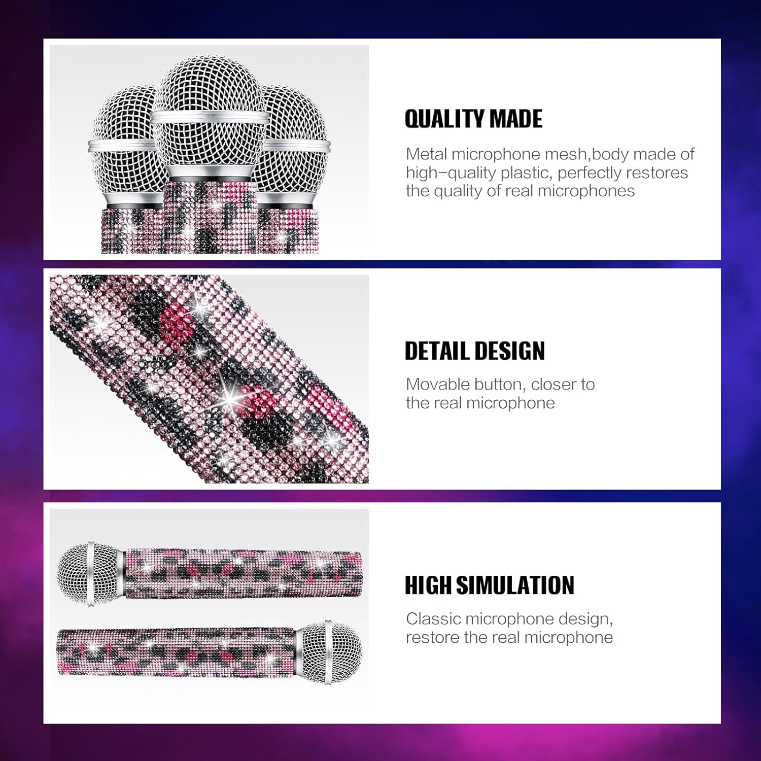 Threan 2 Pcs Fake Microphone Prop Halloween Toy Plastic Play Microphone Bling Sparkly Rhinestones Pretend Glitter Mics for Disco Stage Costume Halloween Cosplay Party, 9.5 x 2 Inch