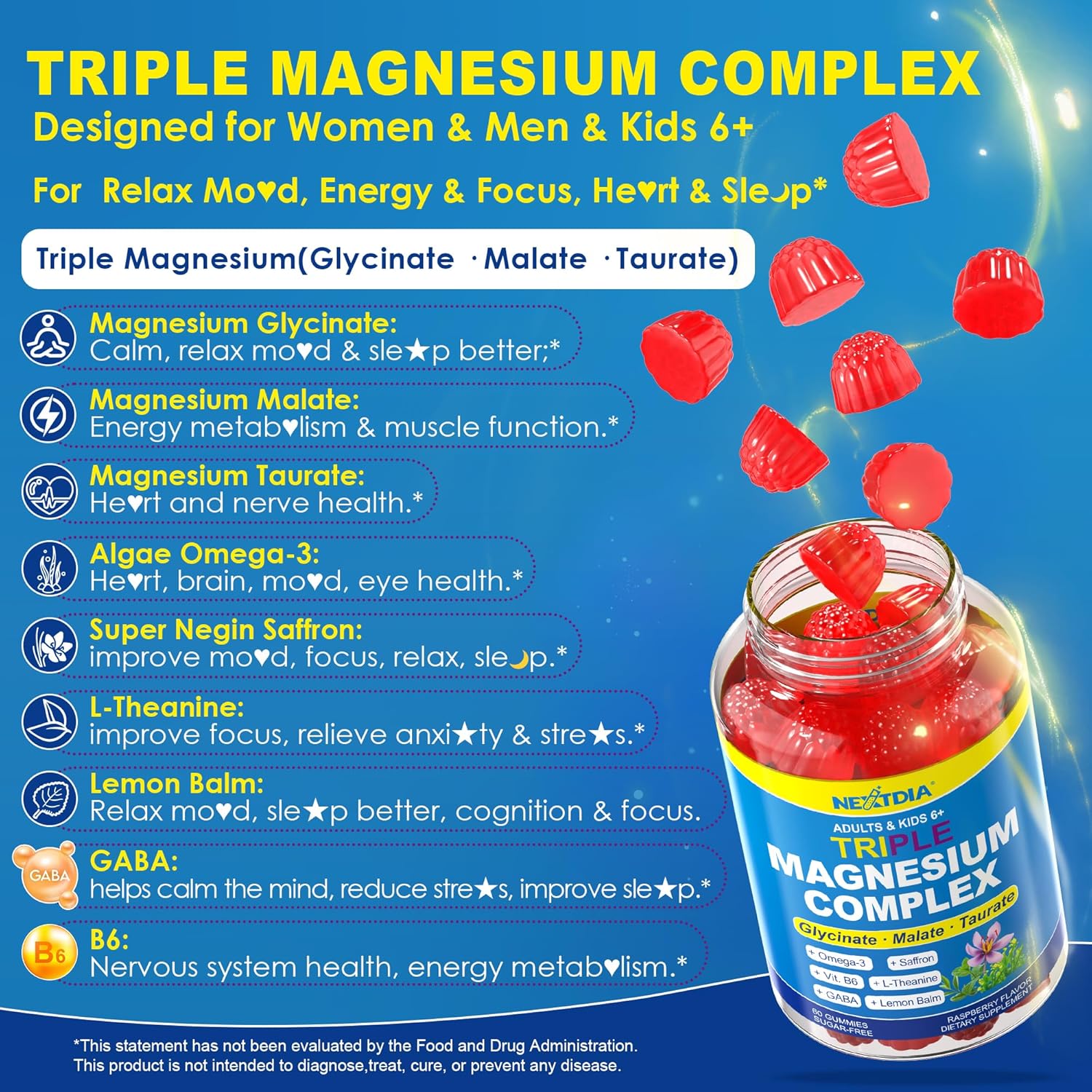 Triple Magnesium Complex 500mg/250mg Gummies for Adults Kids 6+, w/Omega-3, Saffron, L-Theanine - Glycinate,Malate,Taurate,Lemon Balm, Sugar Free Magnesium Complex for Women Men, Calm,Focus,Mood, Zzz - Image 4