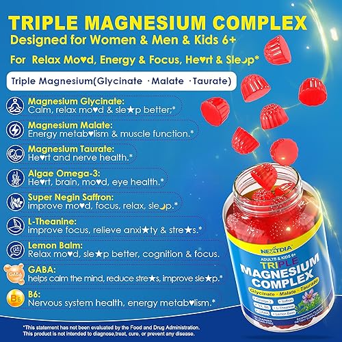 Miniatura 4 de Complejo triple de magnesio de 500 mg250 mg gomitas para adultos y niños de 6 años, con omega-3, azafrán, L-teanina, GABA - glicinato, malato,