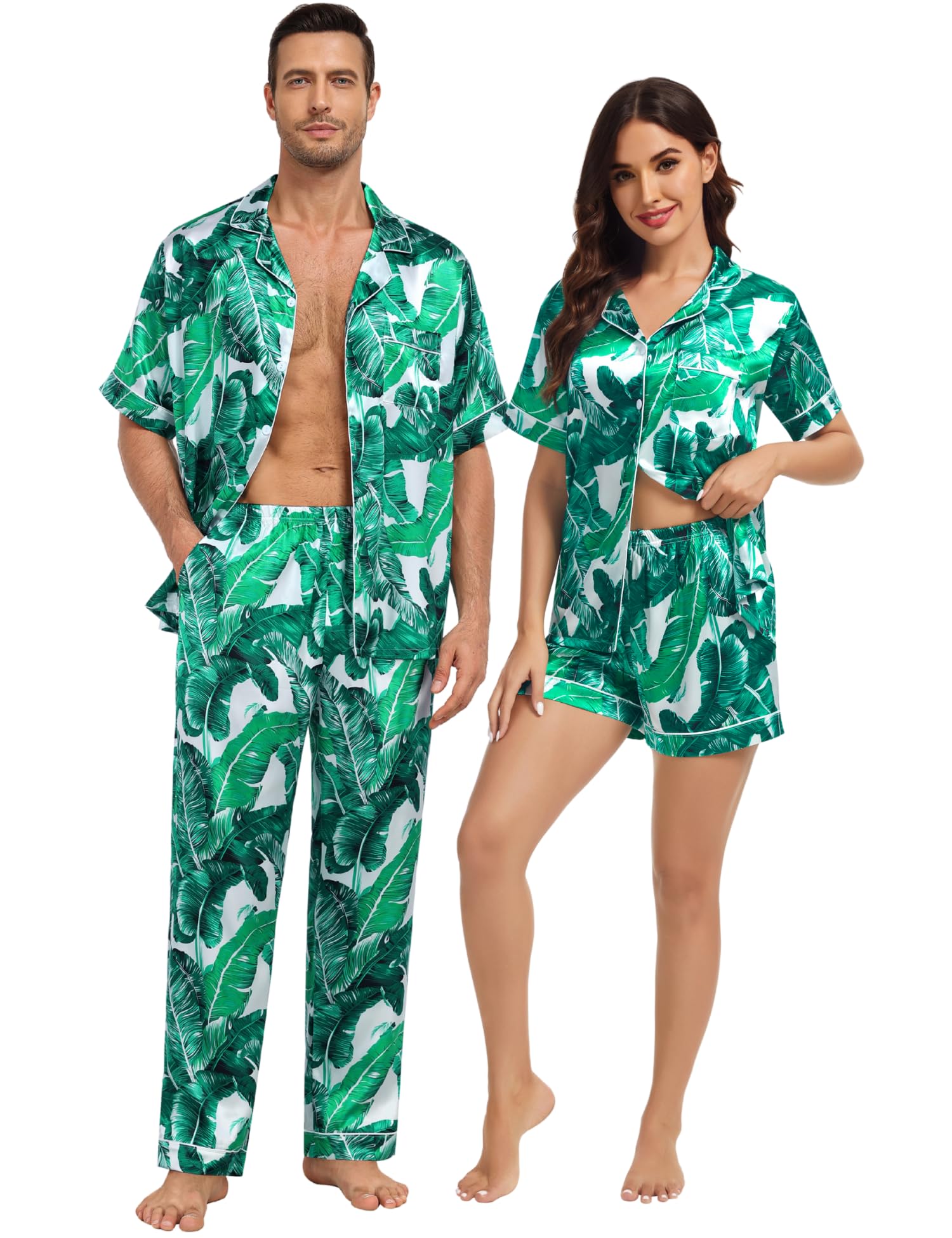 SWOMOG Matching Pajamas for Couples Satin Short Sleeve Sleepwear Women/Men Silk Soft Button Down Nightwear 2 Pcs Loungewear