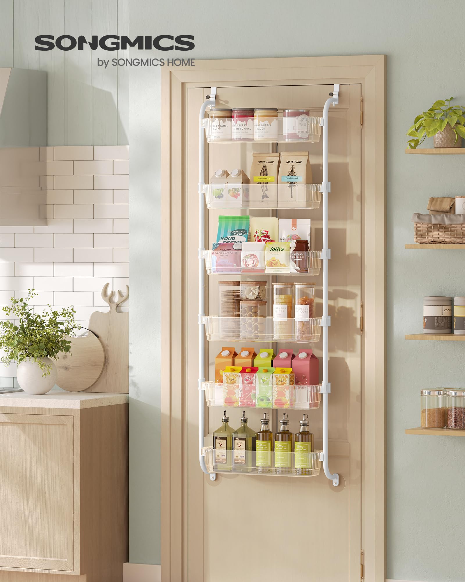 SONGMICS UKCS046WG01 - Organizador de despensa de cocina de 6 niveles con cestas altas ajustables, estante colgante para especias, para dormitorio, baño, lavandería, transparente