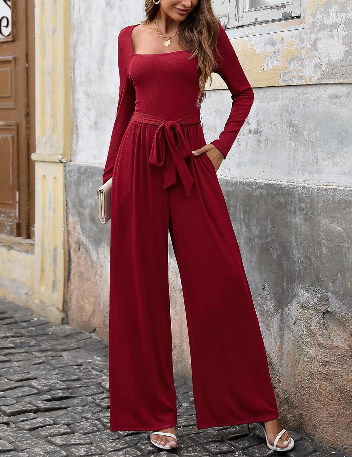 Womens Jumpsuit Dressy Square Neck Long Sleeve Belted High Waist Wide Leg Romper with Pockets One Piece Casual Outfits Wine Red S - Image 4