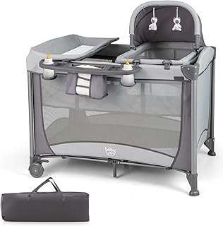 COSTWAY 5 in 1 Travel Cot, Portable Baby Crib Bassinet with 