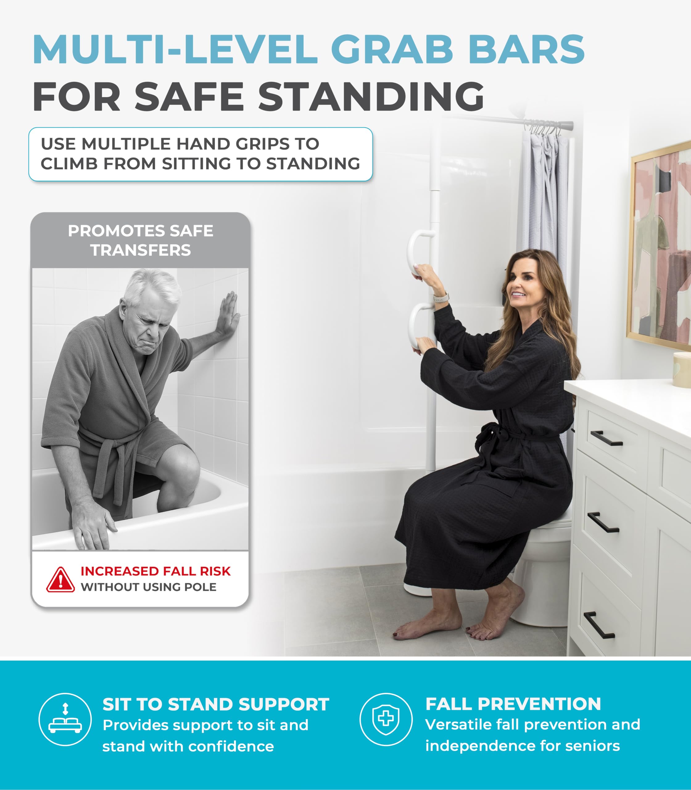 Stander Barra di sostegno a doppia maniglia da pavimento a soffitto, palo di trasferimento montato a tensione per anziani, supporto di supporto per bagno, camera da letto, soggiorno, binario di