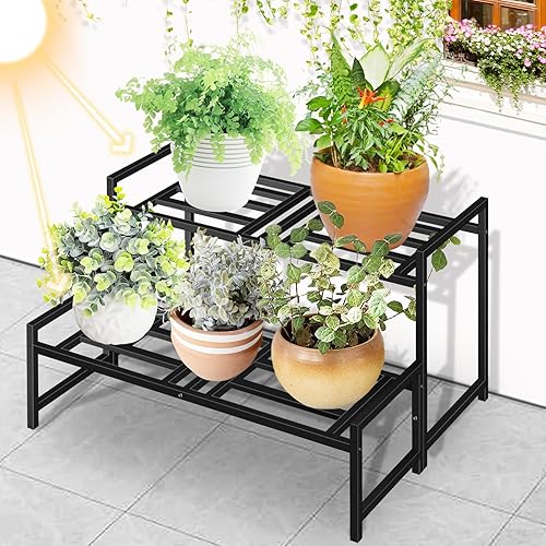 Miniatura 2 de Soporte para plantas para interiores y exteriores, soportes de hierro forjado de 2 niveles, estante de metal apilable para plantas, soporte
