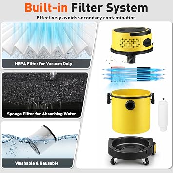 ASPRO 6 Gallon Wet Dry Vacuum Cleaner, 5.5 Peak HP 5-in-1 Shop Vacuum with Carpet & Upholstery Washer, 25KPa Suction, Blower Function, 15 ft Cord, for Pet Hair, Garage, Home & Car