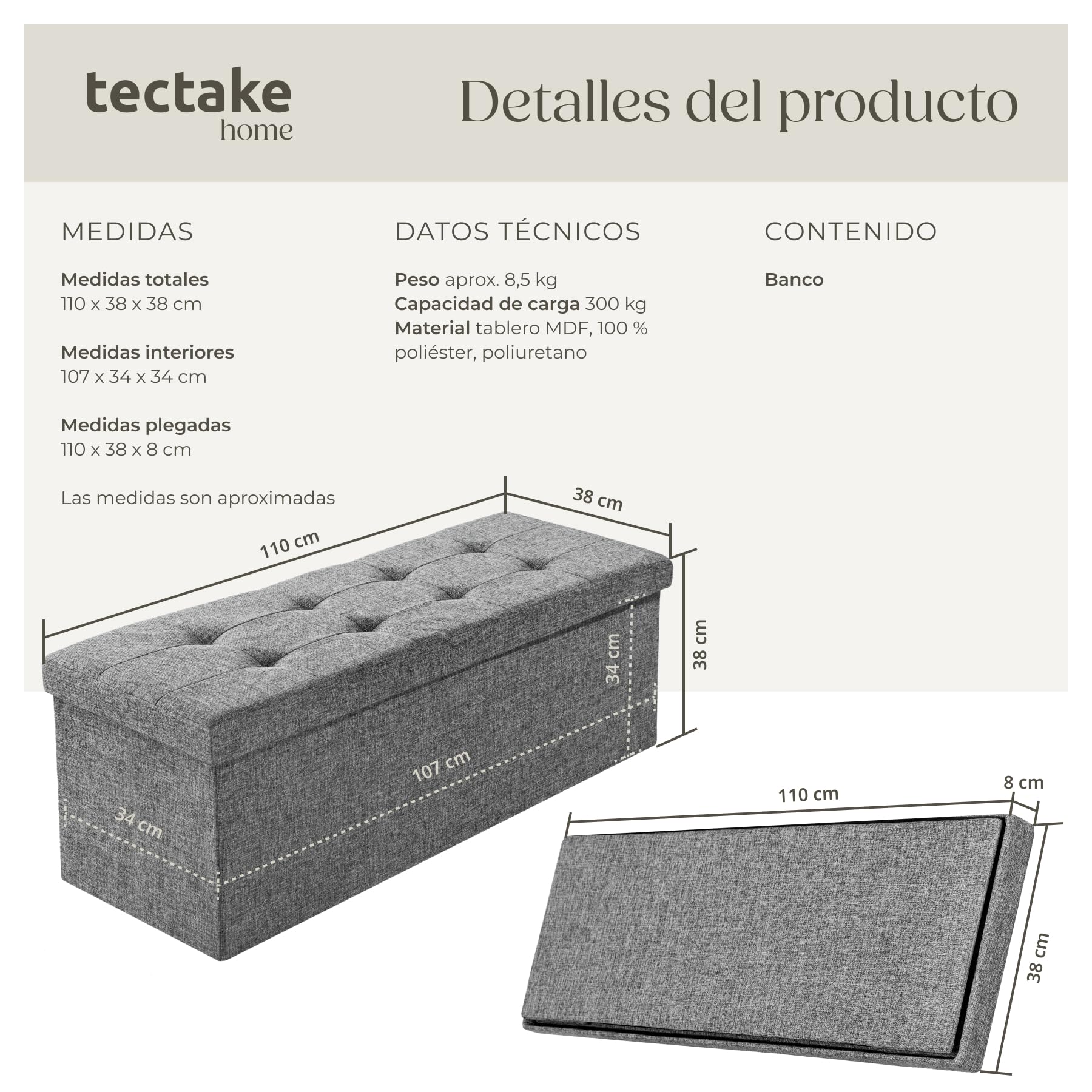 tectake® Puff Almacenaje Plegable con Asiento Acolchado y Gran Capacidad Interior, Ideal como Zapatero Entrada Recibidor o Banco con Almacenaje para el Hogar - 110 x 38 x 38 cm Gris Claro