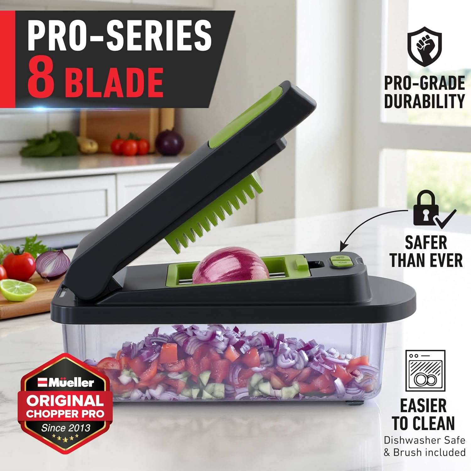 Mueller Pro-Series 10-in-1, 8 Blade Vegetable Chopper, Onion Mincer, Cutter, Dicer, Egg Slicer with Container, French Fry Cutter Potato Slicer, Home Essentials, Salad Chopper,Gray/Green 8 Blade Gray/Green