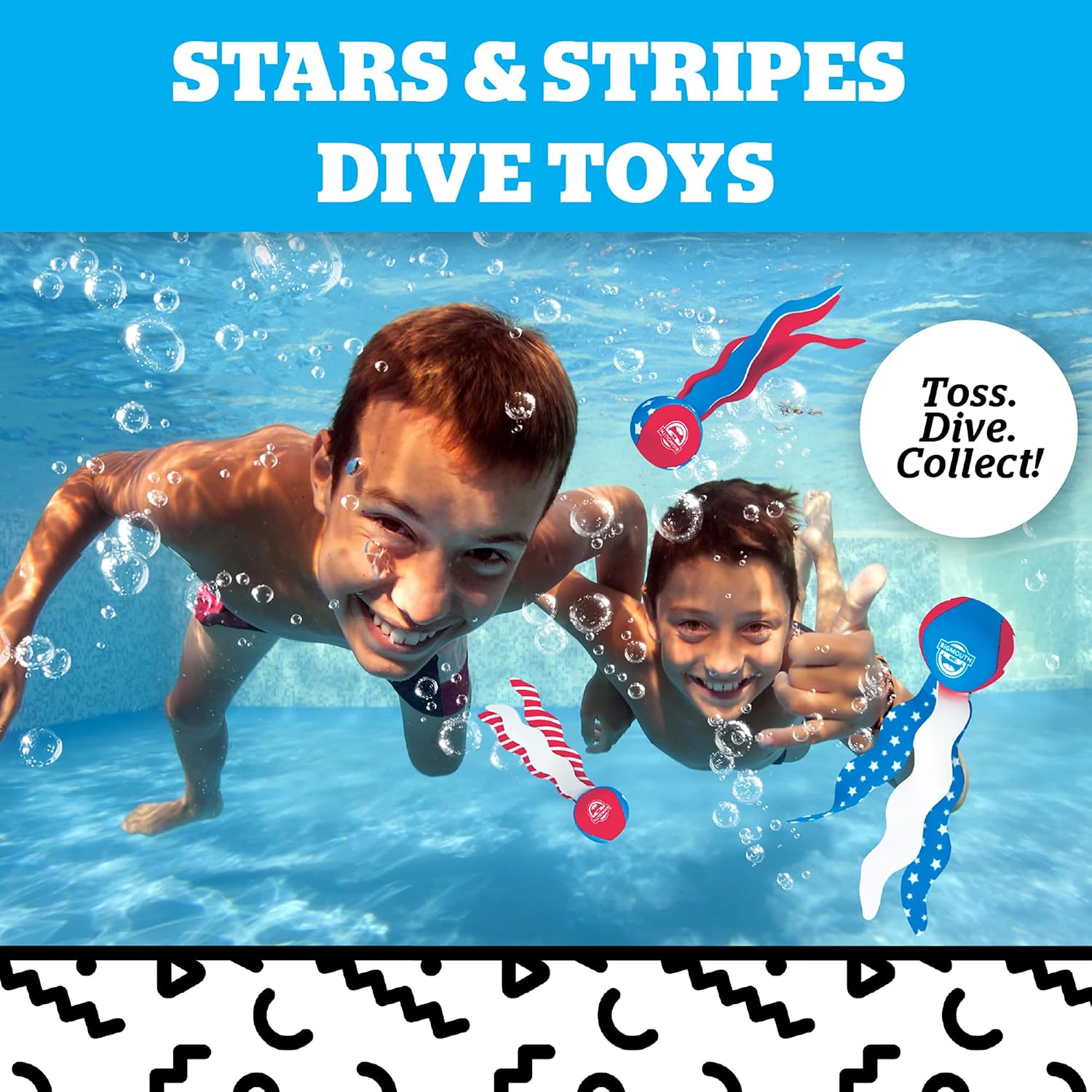 BigMouth Inc Stars & Stripes Dive Toys for Kids – Patriotic Pool Diving Toys Set, Red White and Blue Swimming for Summer Pool Games