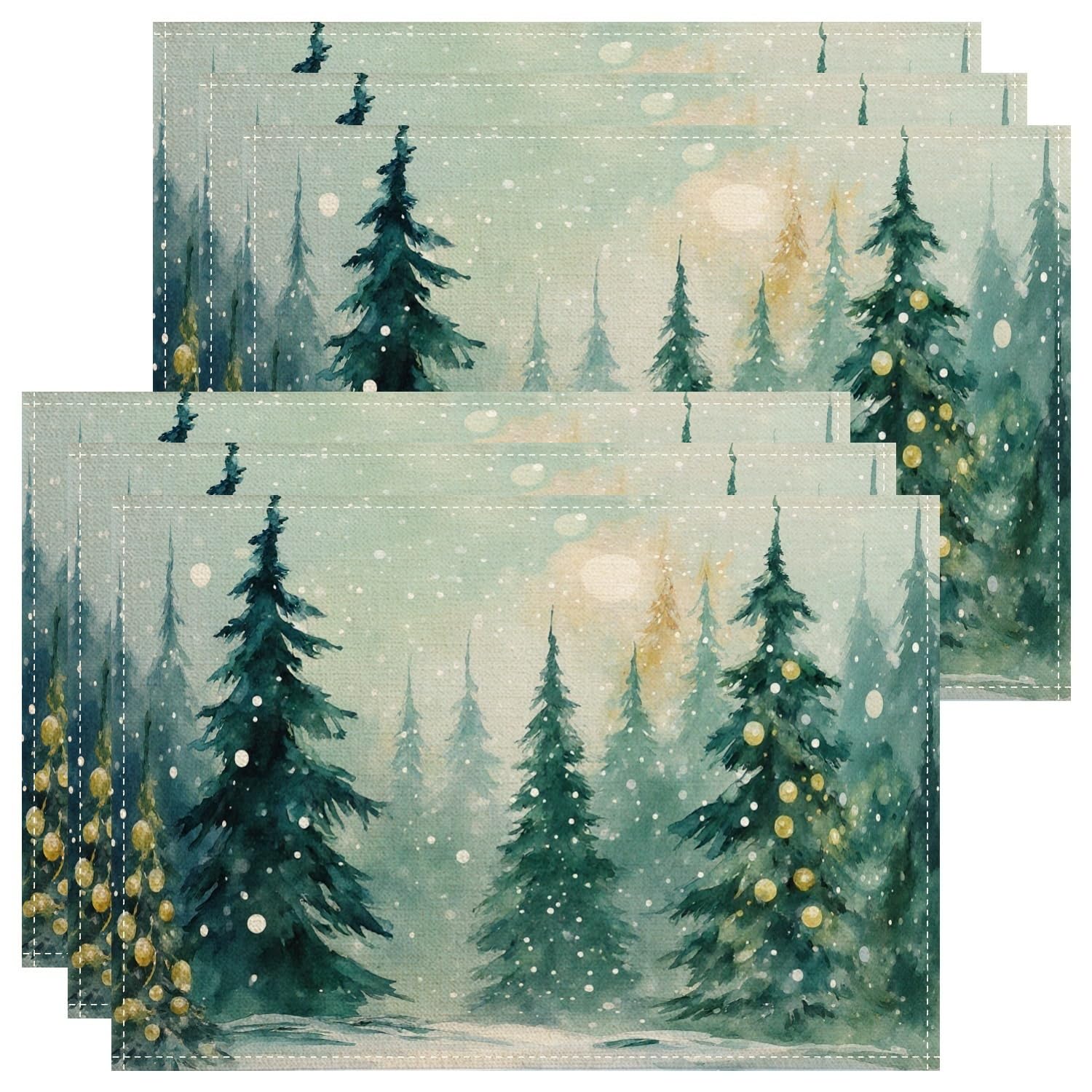 Winter Placemats, Green Watercolor Pine Tree Place Mats for Dining Table, Holiday Non-Slip Washable Indoor Outdoor Kitchen Party Decorative Placemat Set of 6
