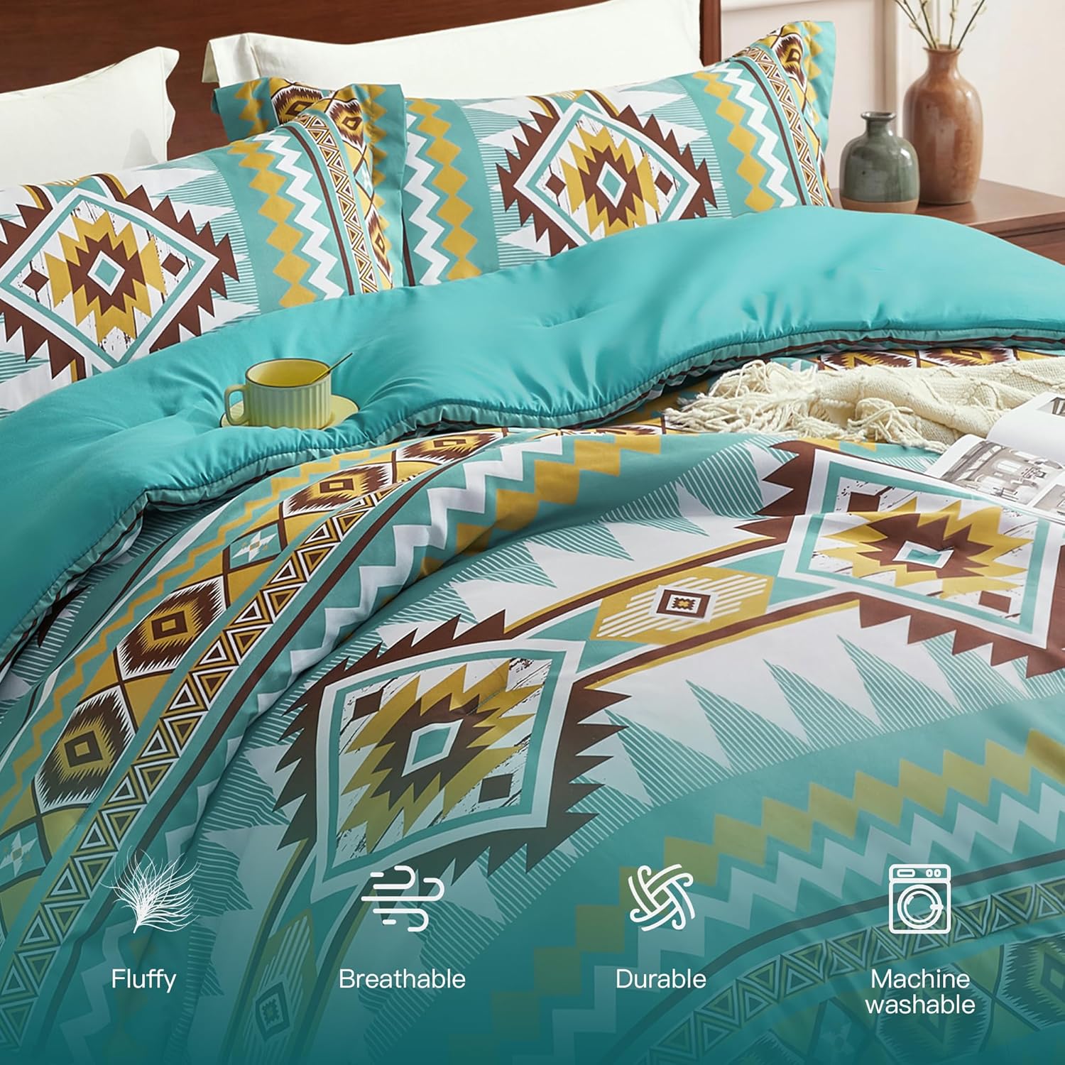 Turquoise King Size Comforter Set – 3 Piece Boho Aztec Western Bedding Sets, Soft Lightweight Comforter for All Seasons, Southwestern Style, 1 Comforter & 2 Pillow Shams - Image 5