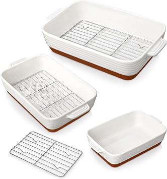MALACASA Casserole Dishes for Oven with Roasting Racks, Ceramic Baking Dishes Set of 3, Baking Pan Casserole Dish Set, Rectangular Lasagna Pan Deep with Handles for Baking, Khaki White 14.5/13/10.5, Series TARA