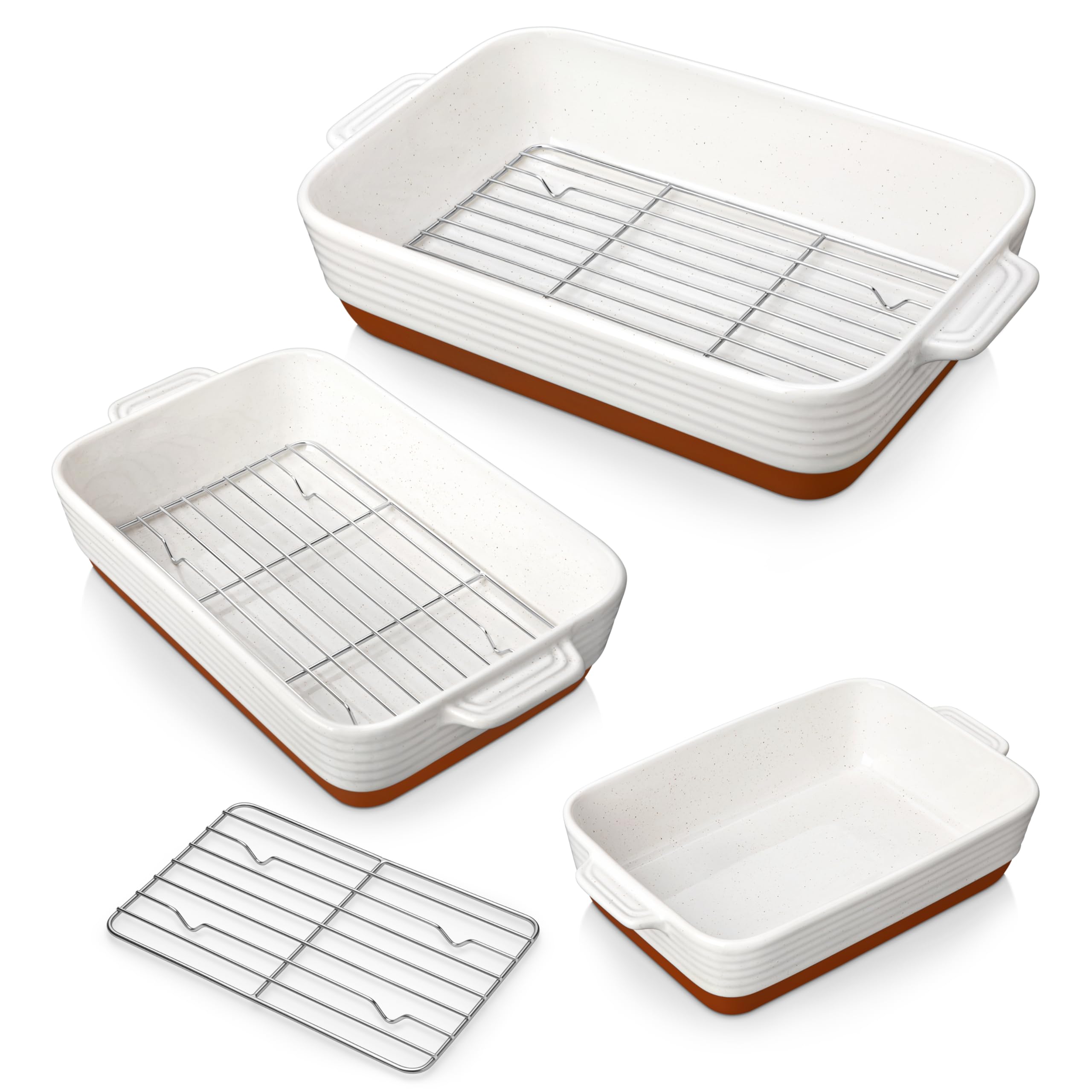 MALACASA Ceramic Baking Dish Set with Roasting Racks, 1.45/2.7/3.8L Deep Casserole Dishes for Oven, Rectangular Lasagne Dish with Handles, Set of 3, Khaki White (14.5"/13"/10.5"), Series Tara