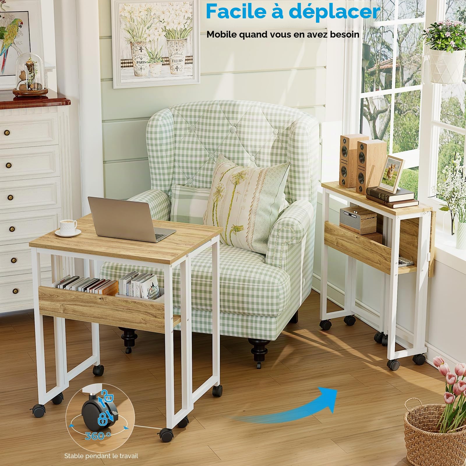 GreenForest Bureau Pliable à roulettes, 63cm Table d'appoint avec Rangement | Bureaux d’Ordinateur et Facile à Assembler pour Petit Espaces, Bureau Pliante pour Télétravail, Domicile ou Chambre, Beige
