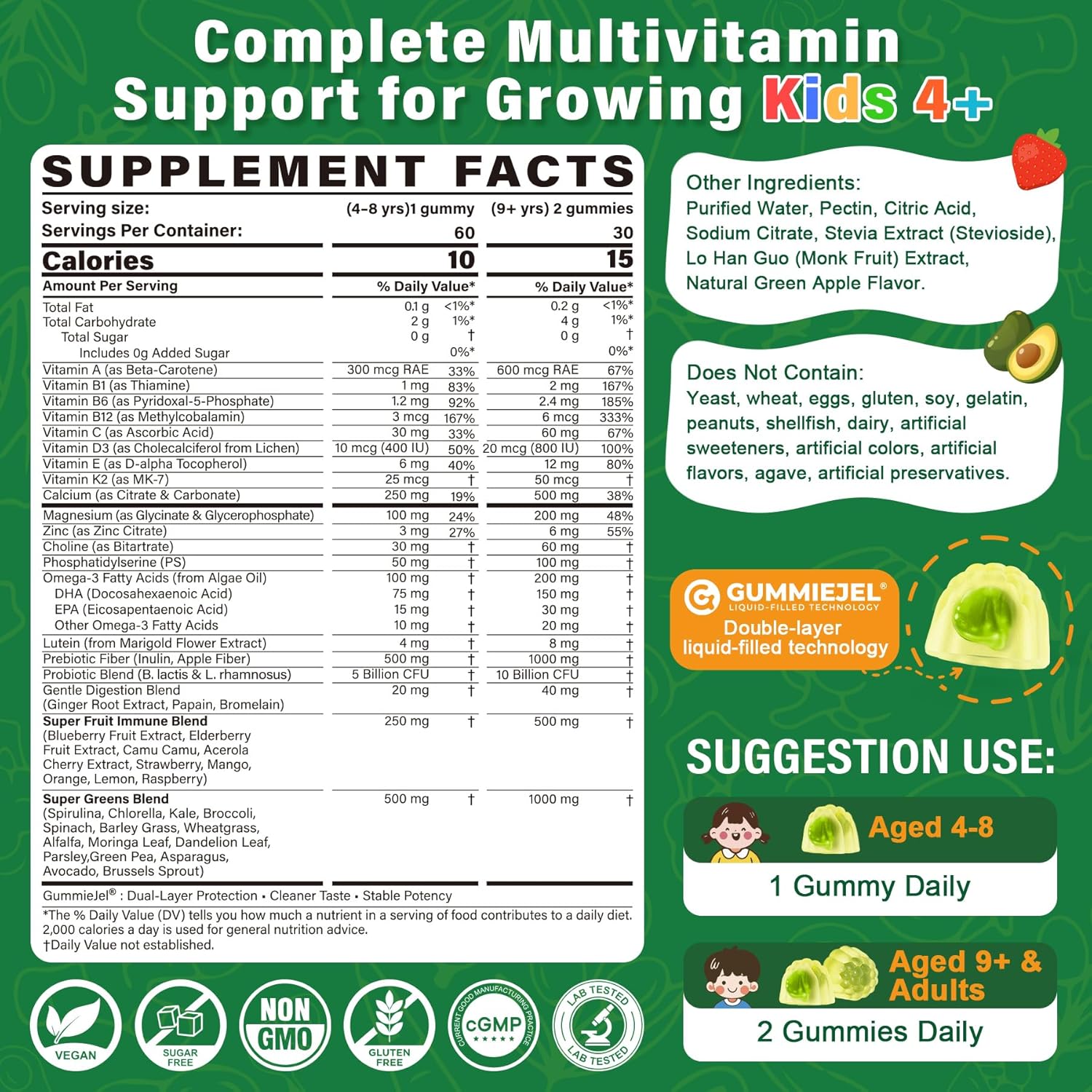 Kids Multivitamin Gummies, 20+ Super Greens Fruit and Veggies Supplement Superfood Daily Gummies with Probiotics for Kids Gummy Vitamins & Minerals for Tummy & Immune Support -Vegan, Sugar Free, 60Cts - Image 2