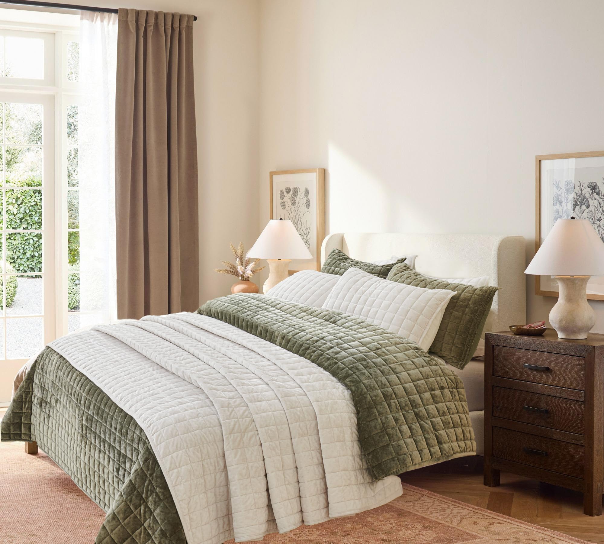 LR Rocaloca Velvet Quilt Oversized King Size 120x128 Luxurious Comforter Ultra Soft Bedding Set Quilted Bedspread Coverlet with 2 Matching Pillow Shams for All Season,Cream White