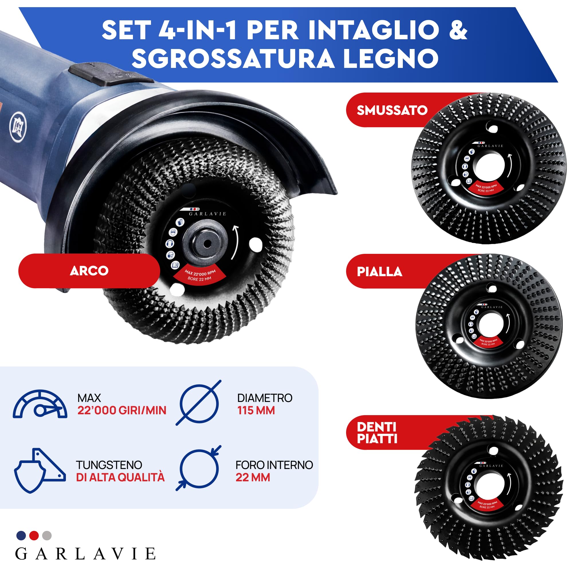 Professionale Disco Legno 115 mm per Smerigliatrice Angolare – Set 4 Pezzi con Raspa, Fresatore, Sagomatura e Fresa Radici