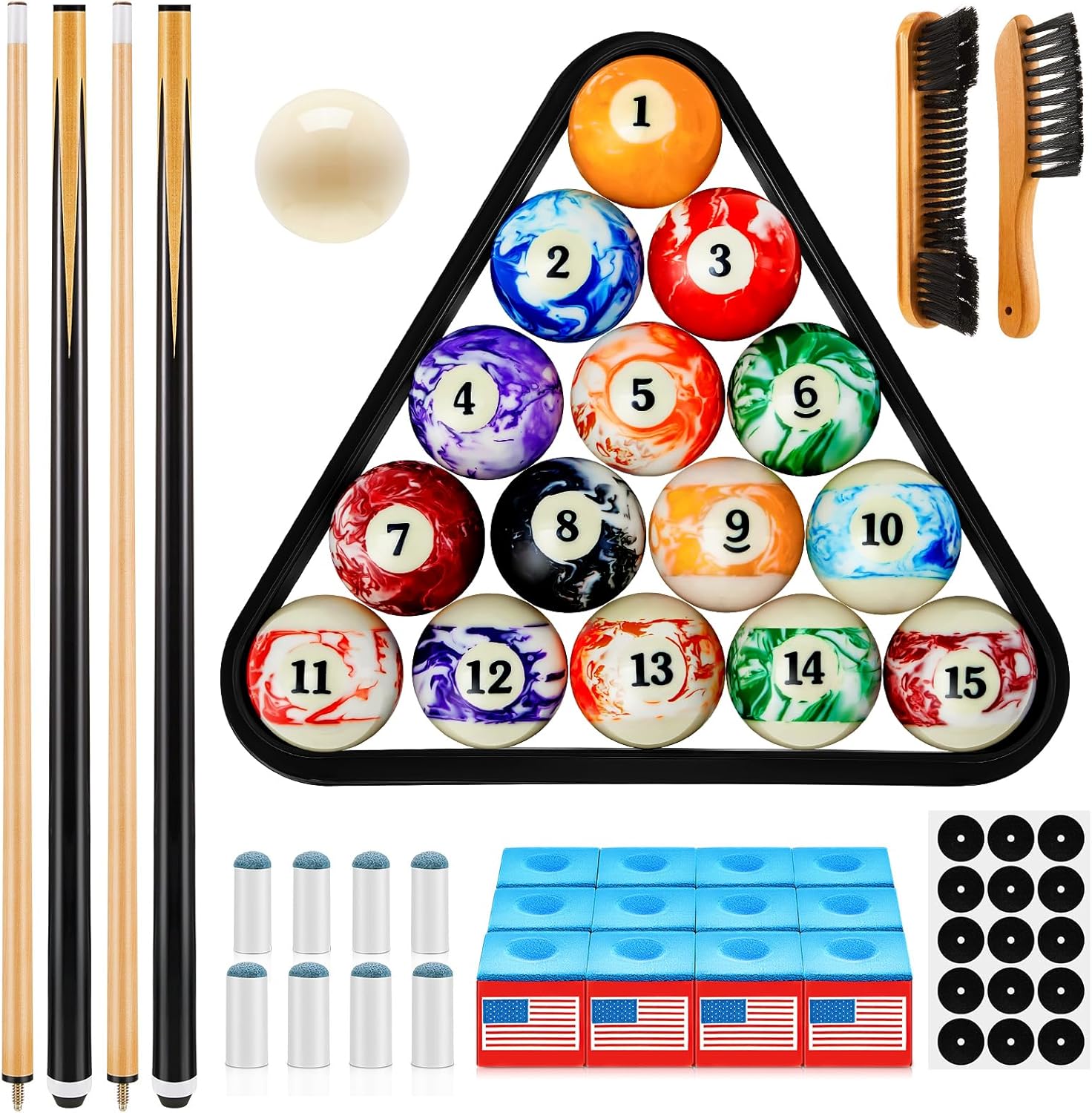 Outus 71 Pcs Pools Table Accessories Balls Triangle Stand Pool Cue Chalks Spot Sticker Brush Complete Pool Set for Beginners, Pools Halls, Family Entertainment, Birthday Gift