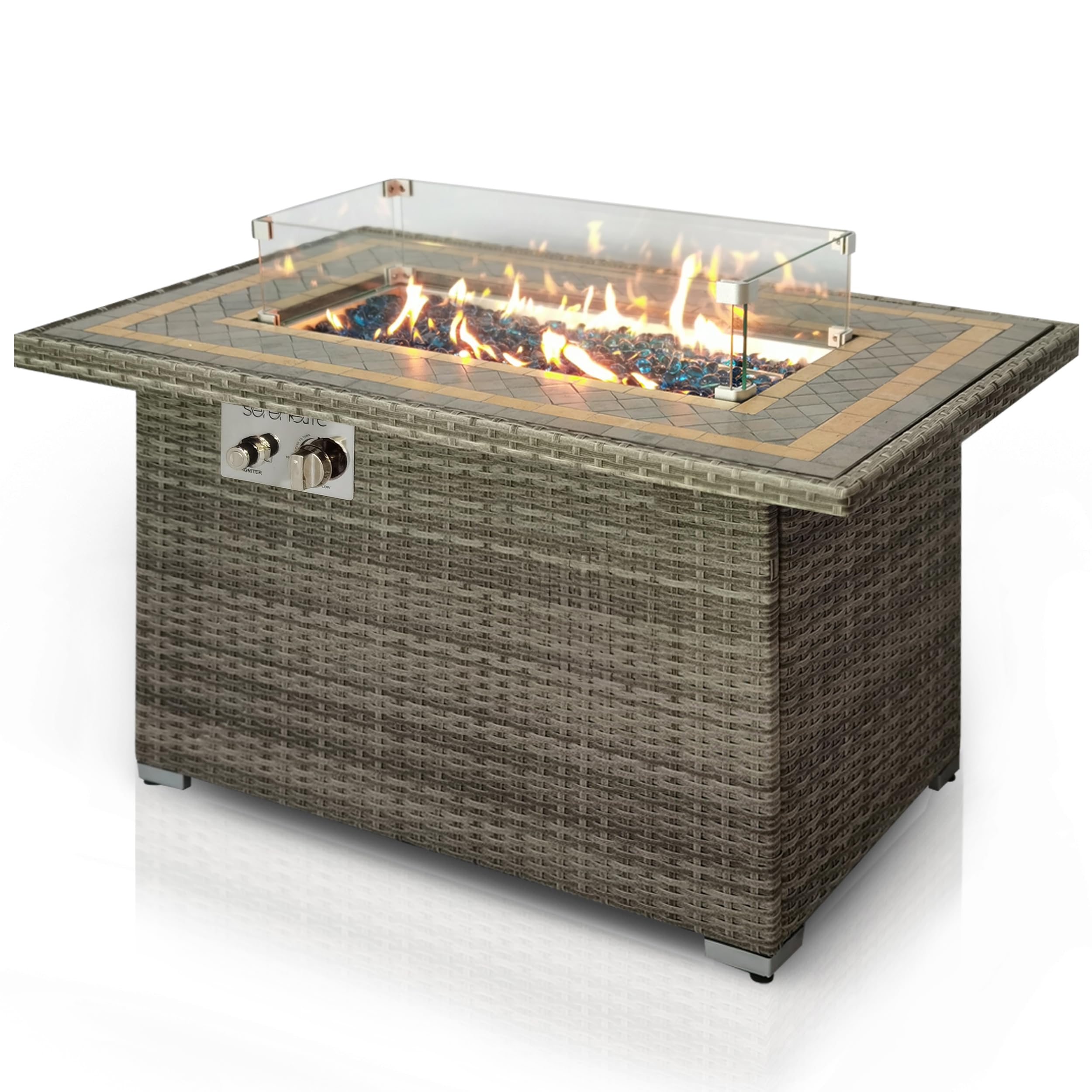 SereneLife Outdoor Propane Fire Pit Table, 50,000 BTU Wicker Gas Firepit with Tile Tabletop, with Glass Wind Guard and Decorative Glass Stones, CSA Certified, Weatherproof Cover, 43"x27"x25"