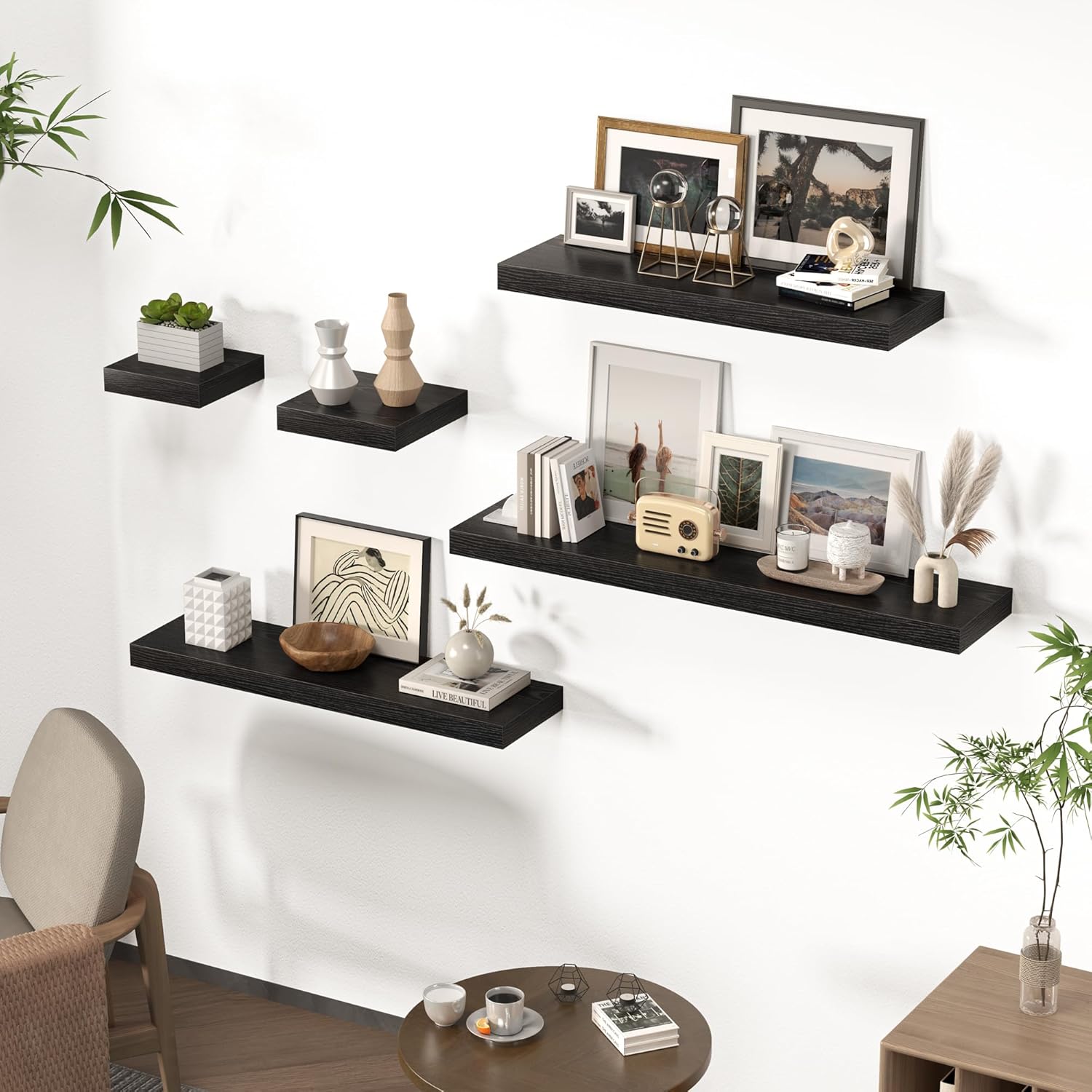 FLYJOE Floating Shelves for Wall, 72"W x 9.3"D x 1.5"H, Long Wooden Wall Mounted Display Shelves with Invisible Brackets for Living Room, Bedroom, Bathroom, Kitchen Decor and Storage, Set of 1, Black