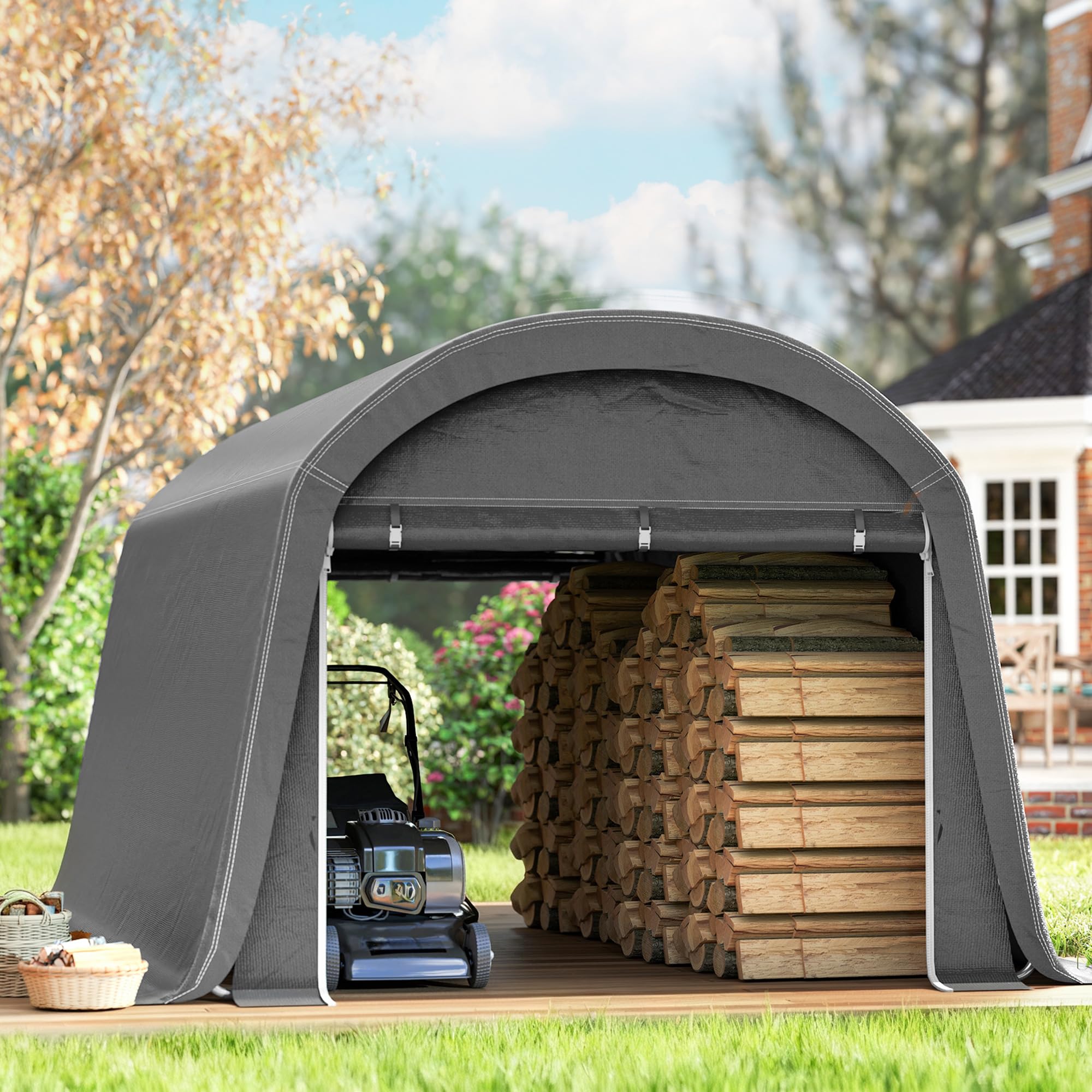 Outsunny Gerätehaus für Fahrräder, wasserdicht Gerätezelt mit Tür, Anti-Staub-Fahrradabdeckung, Unterstand, Foliengerätehaus Fahrradschuppen Fahradgarage für Garten 300x450x230 cm, Dunkelgrau