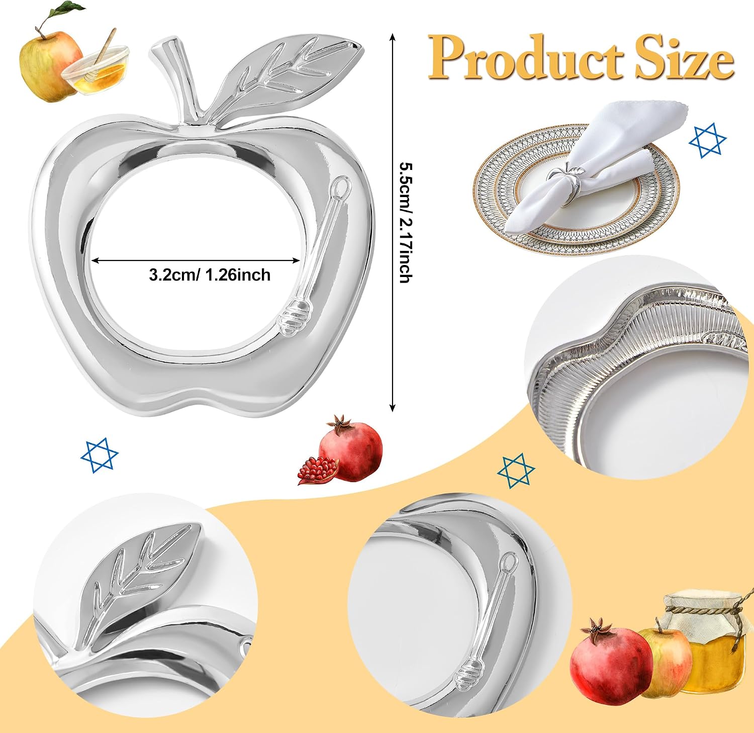 APTWOW Silver Apple Napkin Rings Set of 12, Rosh Hashanah Decorations