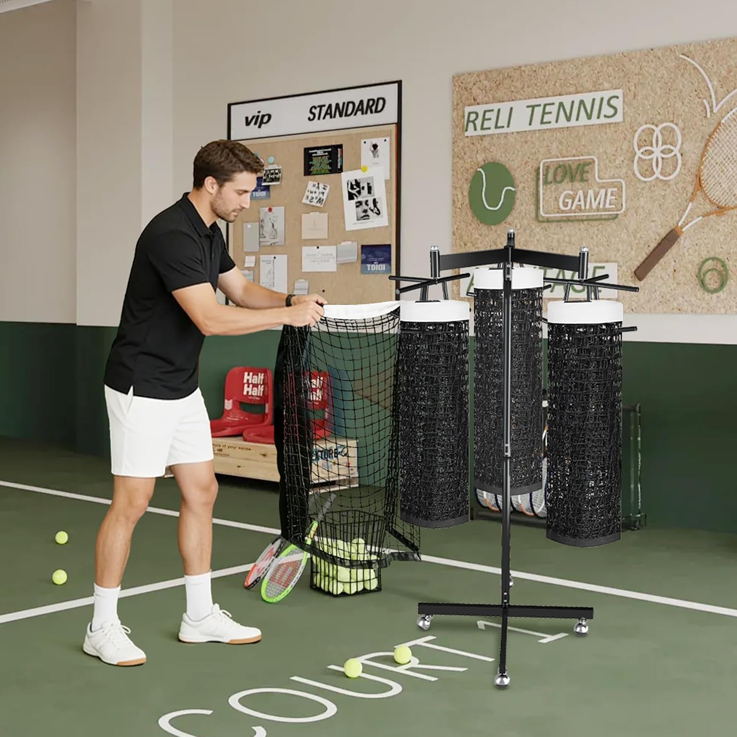 MR Movable Volleyball Net Storage Rack with Lockable Wheels, Professional Volleyball Equipment Net Storage for Gymnasium, Black Volleyball Net Support Rack for School
