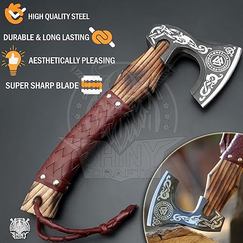 Miniatura 14 de SHINY CRAFTS -Hacha vikinga hecha a mano hacha nórdico-Hacha rúnica Valhalla Acero al carbono Cabeza de hacha vikinga mango grabado Wolf Camp Axe