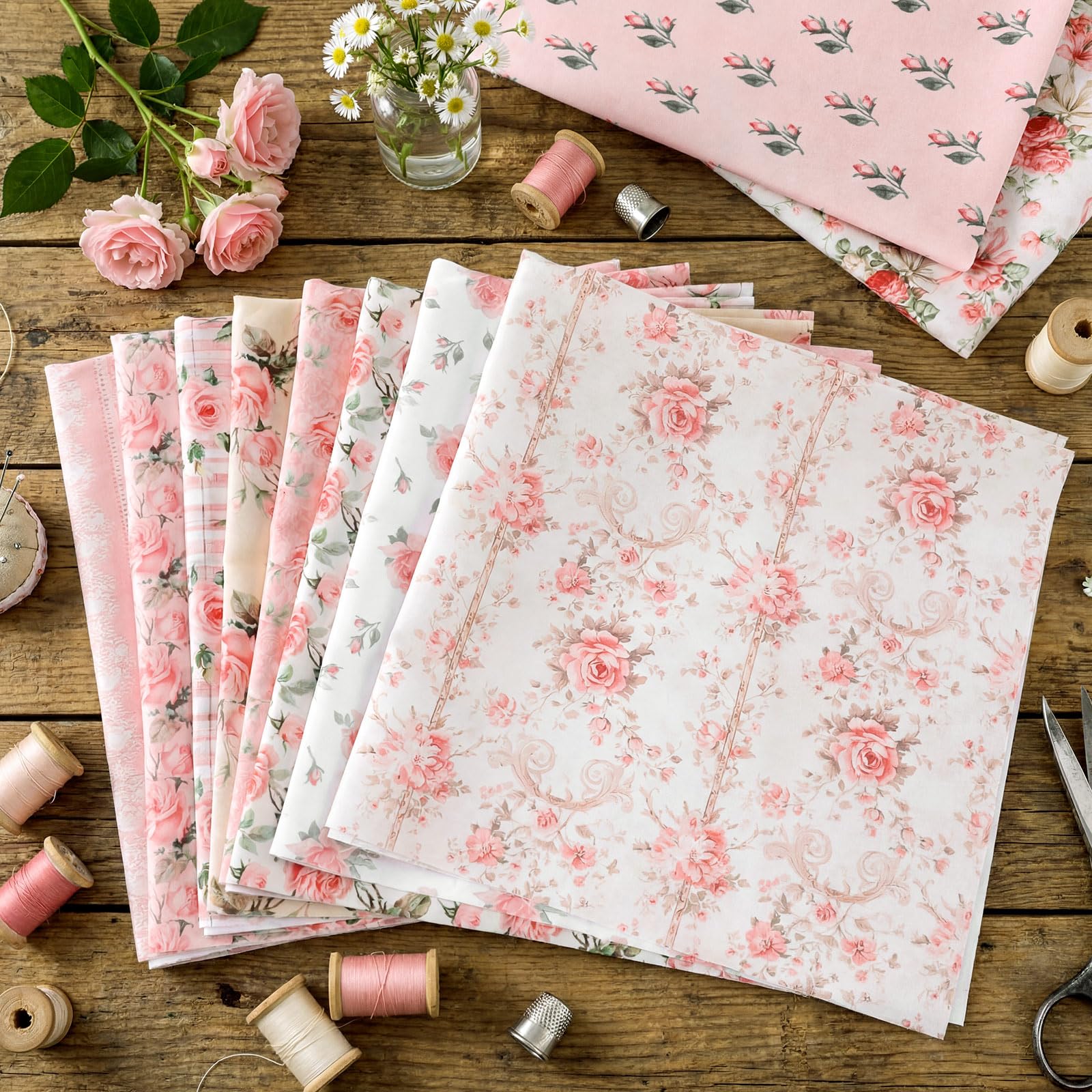Tudomro 10 Pcs Pink Floral Fabric Squares Bundles 20 x 20 Inch Cotton Spring Retro Rose Quilting Fabric Vintage Flower Fat Quarters Printed Cloth Quilt Patchwork Material for Sewing DIY Craft Supply — view 2