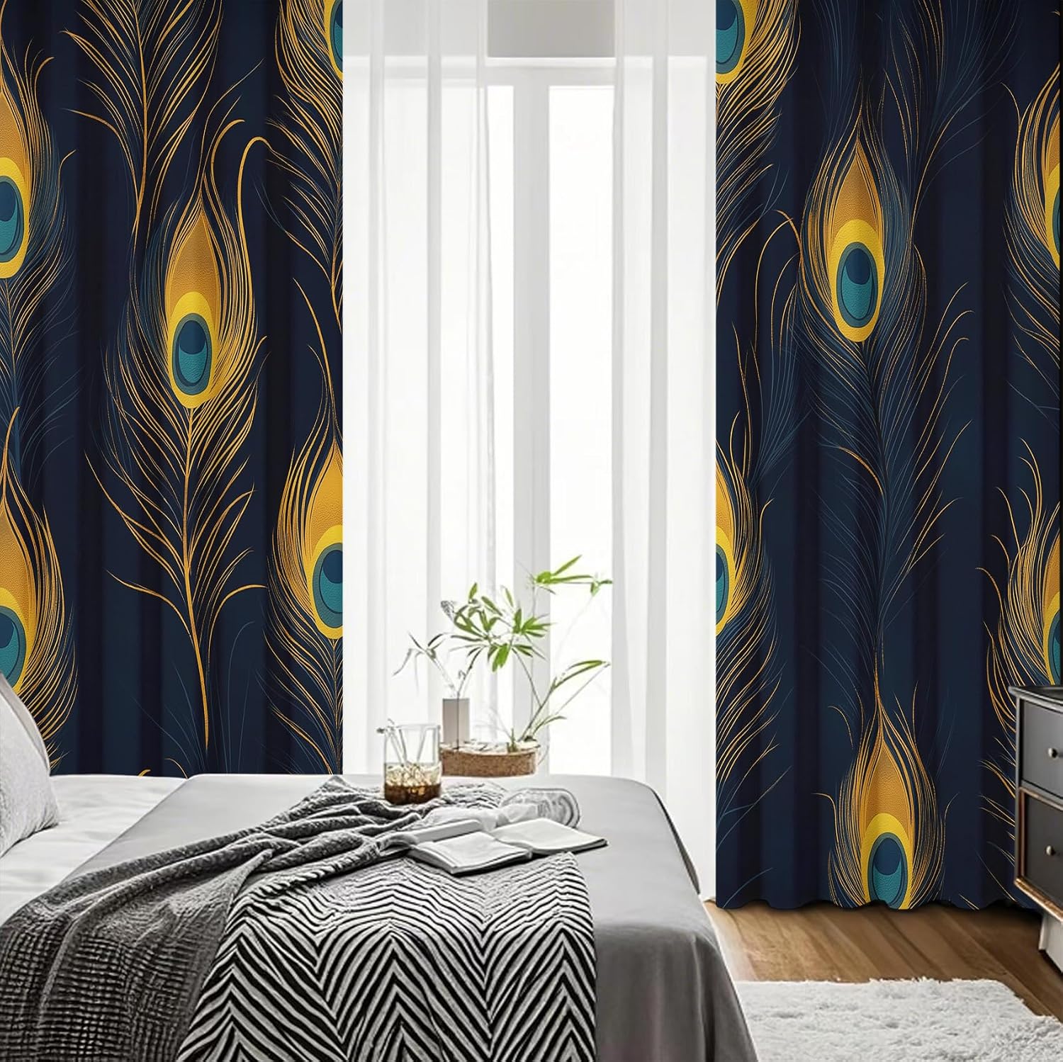Peacock Feather Curtains for Living Room, Yellow Peacock Feather Blackout Curtains 108 Inch Long 2 Panels, wild animal Drapes for Bedroom, Thermal Insulated Grommet Home Decor Window Curtains