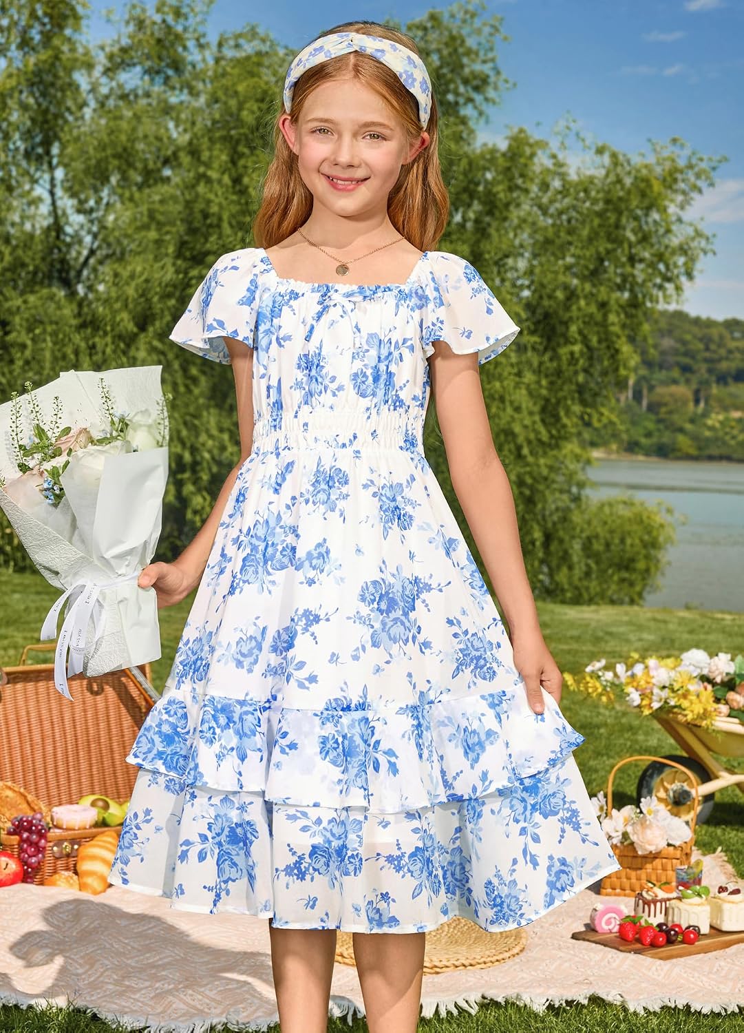 GRACE KARIN Girls Floral Summer Dress Flutter Sleeve Square Neck Midi Casual Dress for Girl 6-14Y